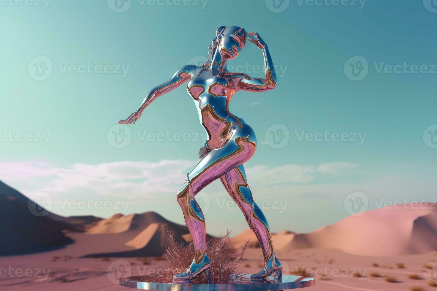 Crome robot woman dancing in the desert. Artificial intelligence rise and shiny. Mechanical beauty. Generated AI. photo