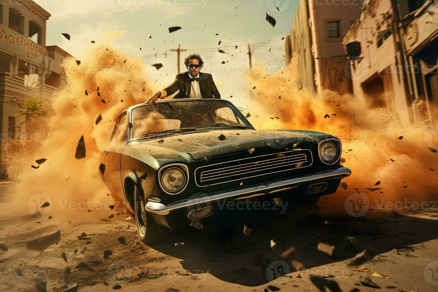 acción Disparo con hombre corriendo lejos desde explosión en coche. dinámica escena con fuego en acción película éxito de taquilla estilo. generado ai. foto