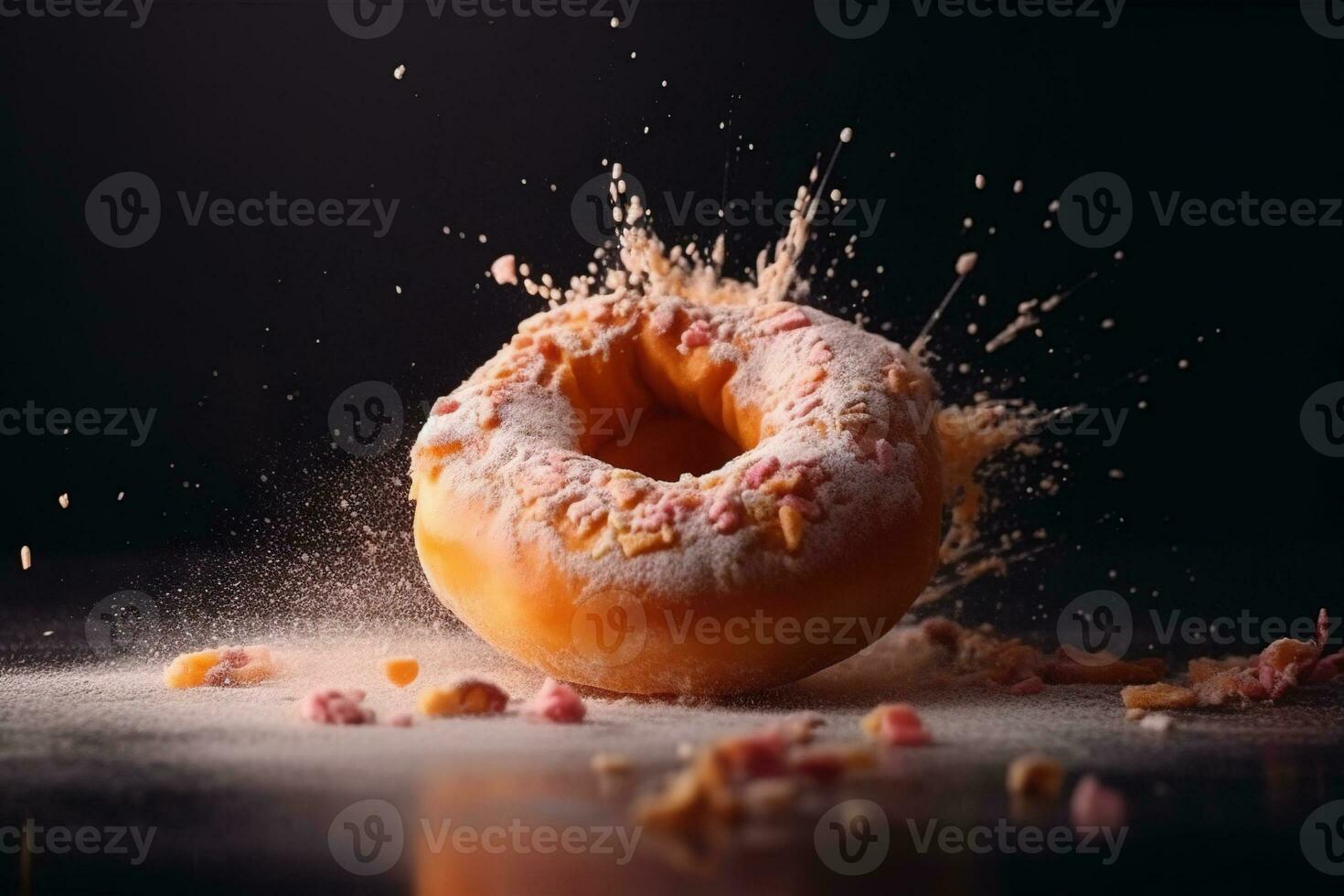 Donut expressive shot with topping and sugar powder splash. Tasty donut food styling image. Generative AI. photo