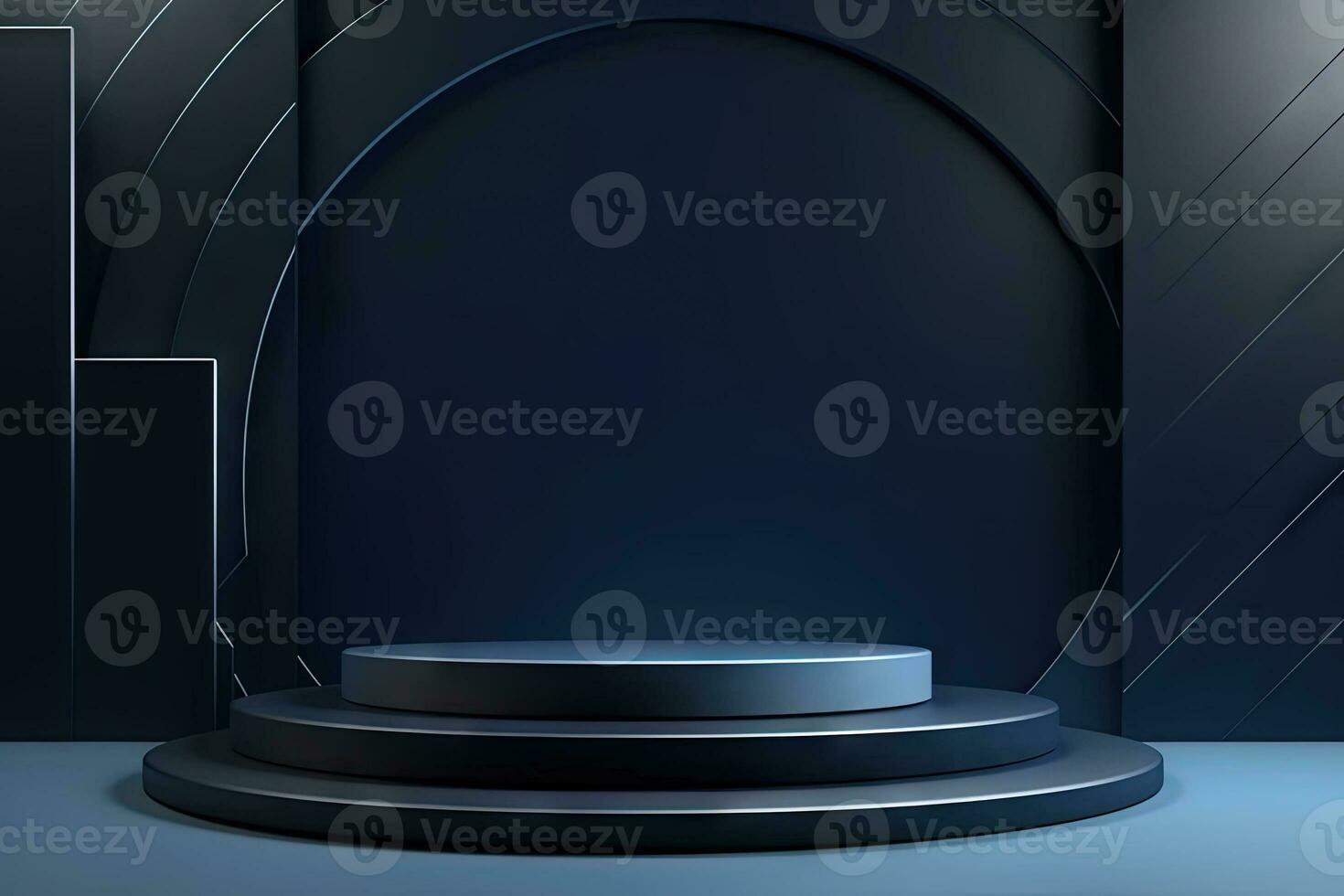 Dark blue pedestal in black room with geometric shapes. Podium for product showcase. Generated AI. photo