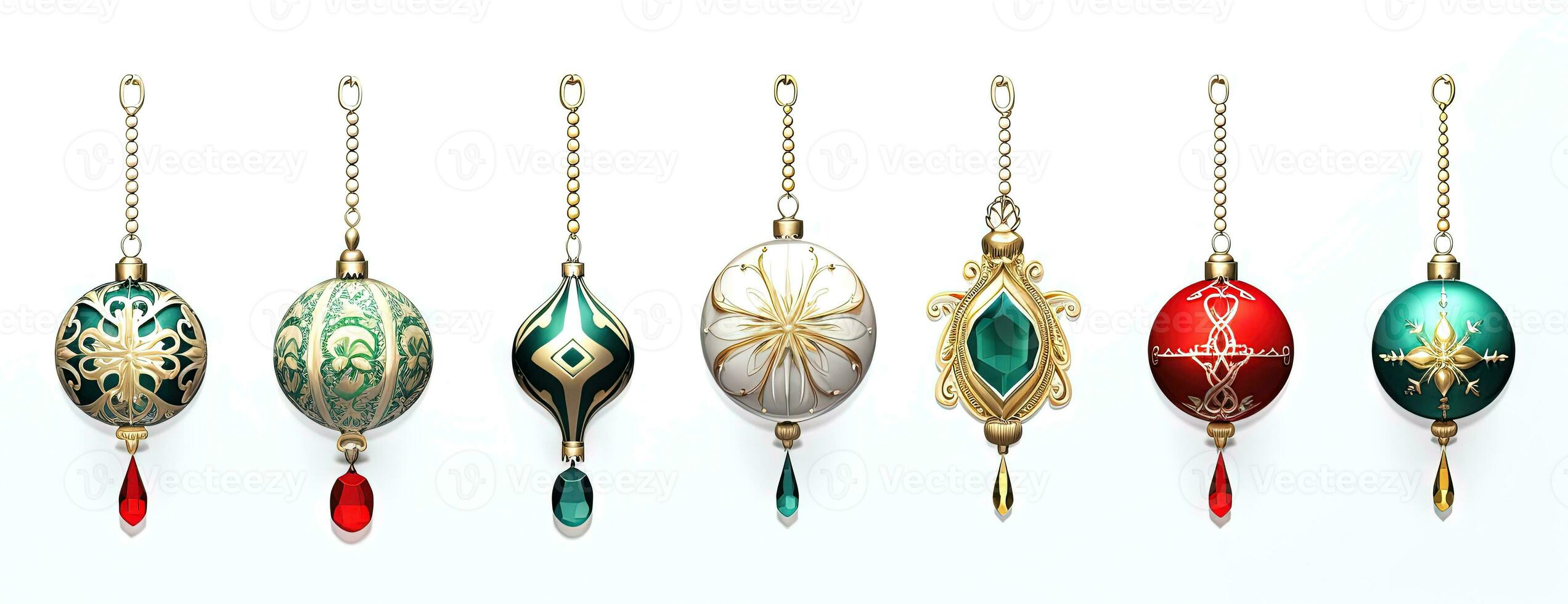 Shiny Christmas baubles in line. Collection of Xmas glass balls with ornament. Generated AI. photo