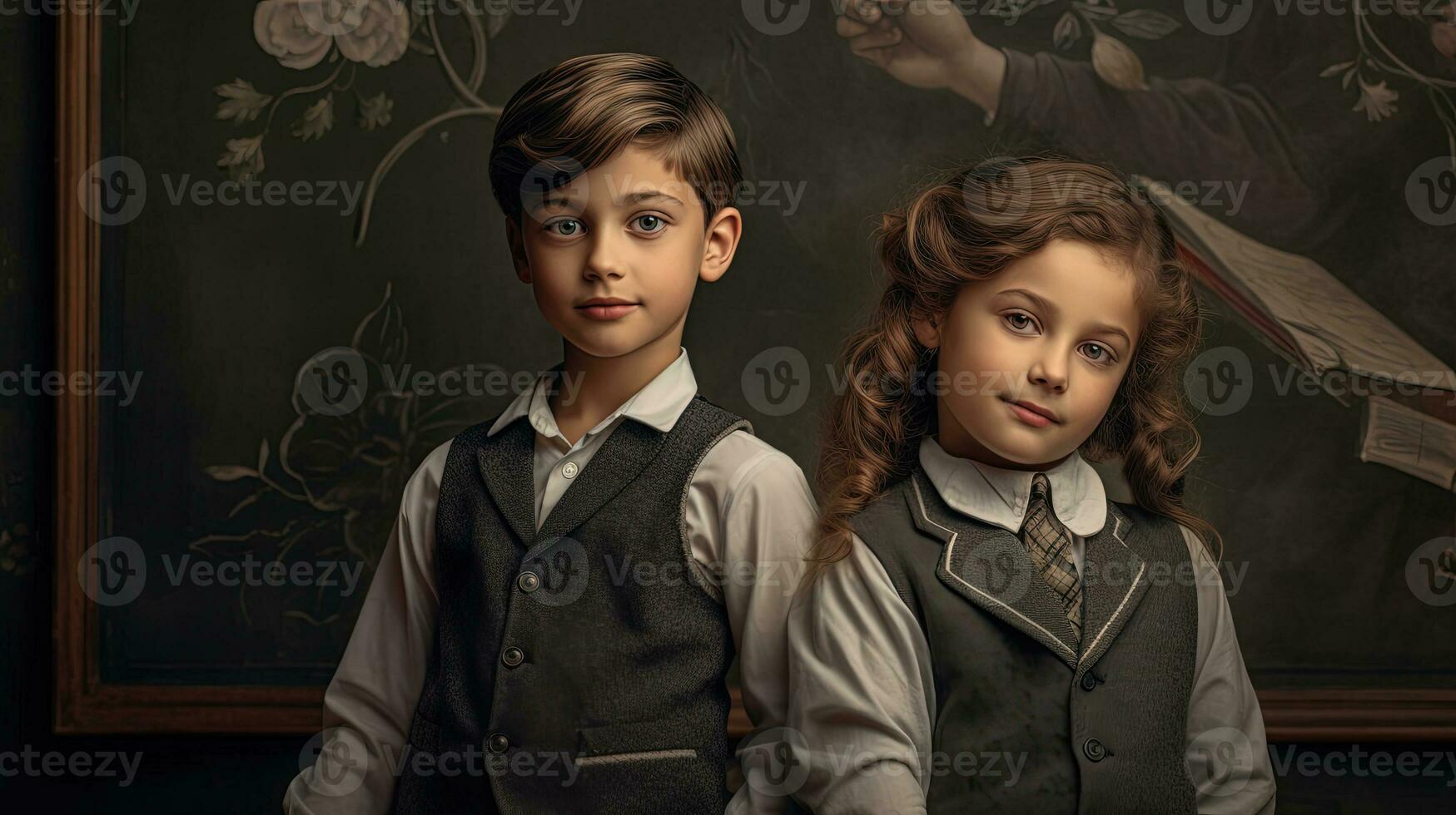 colegio alumno, chico y niña en pie en frente de negro tablero. colegio niños Pareja. generado ai. foto