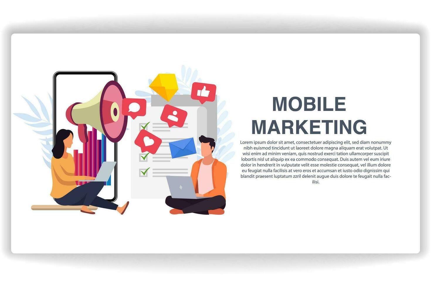 Men and women sitting looking at laptops. website page Mobile Marketing. Modern flat design concept of web page design for website and mobile website vector