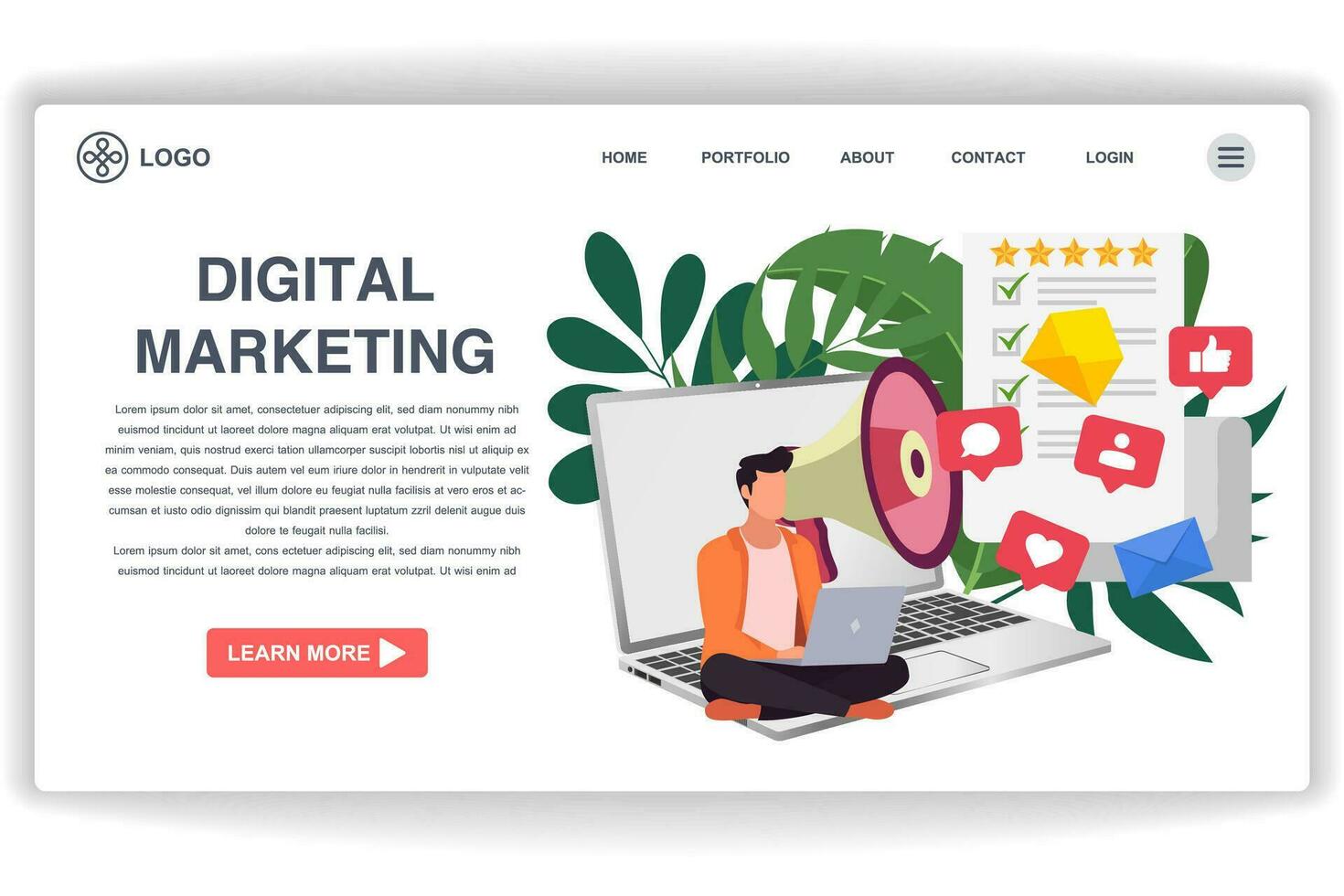 A man is looking at a laptop. website page Digital Marketing. Modern flat design concept of web page design for website and mobile website vector