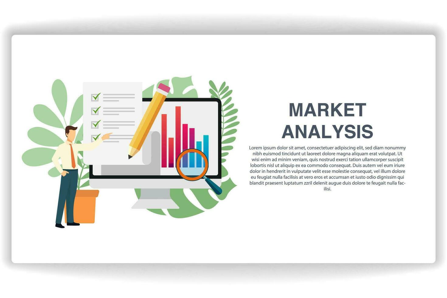 A man stood pointing at the document. website page Market Analysis. Modern flat design concept of web page design for website and mobile website vector