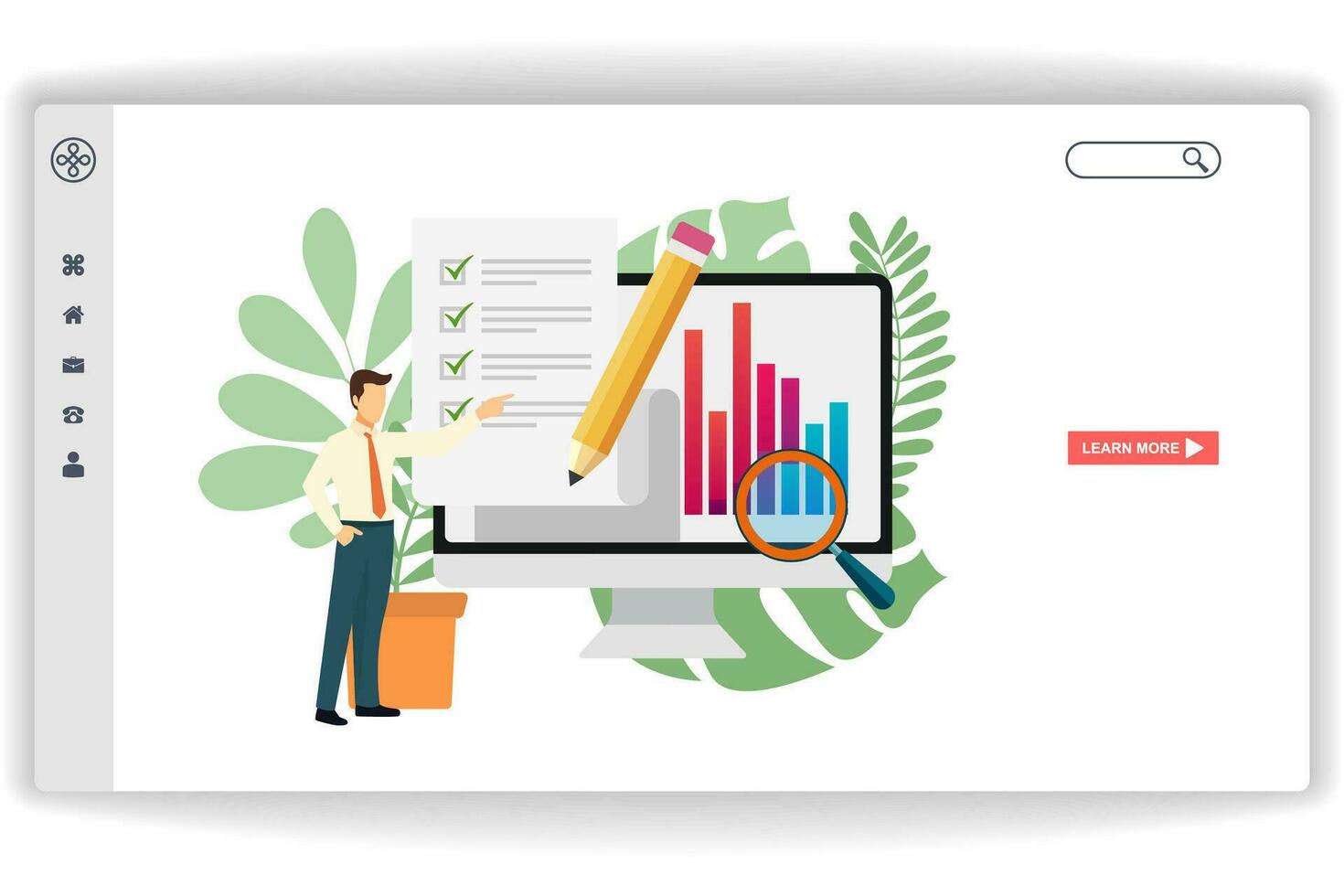 A man stood pointing at the document. website page Market Analysis. Modern flat design concept of web page design for website and mobile website vector