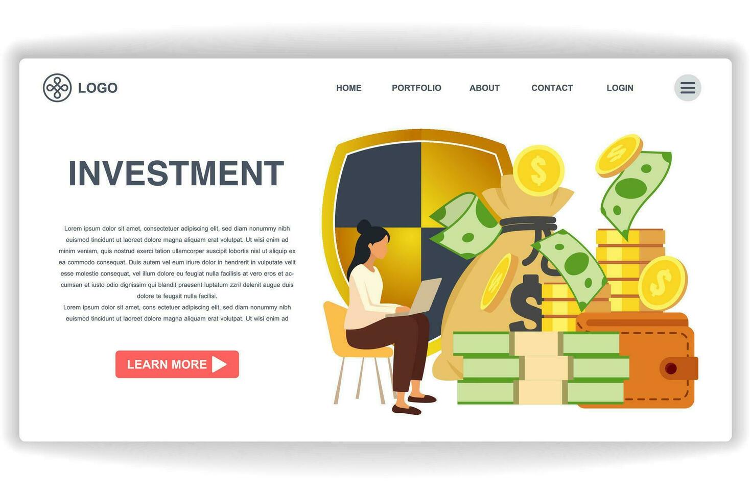 A woman was sitting looking at the laptop. website page Investment. Modern flat design concept of web page design for website and mobile website vector