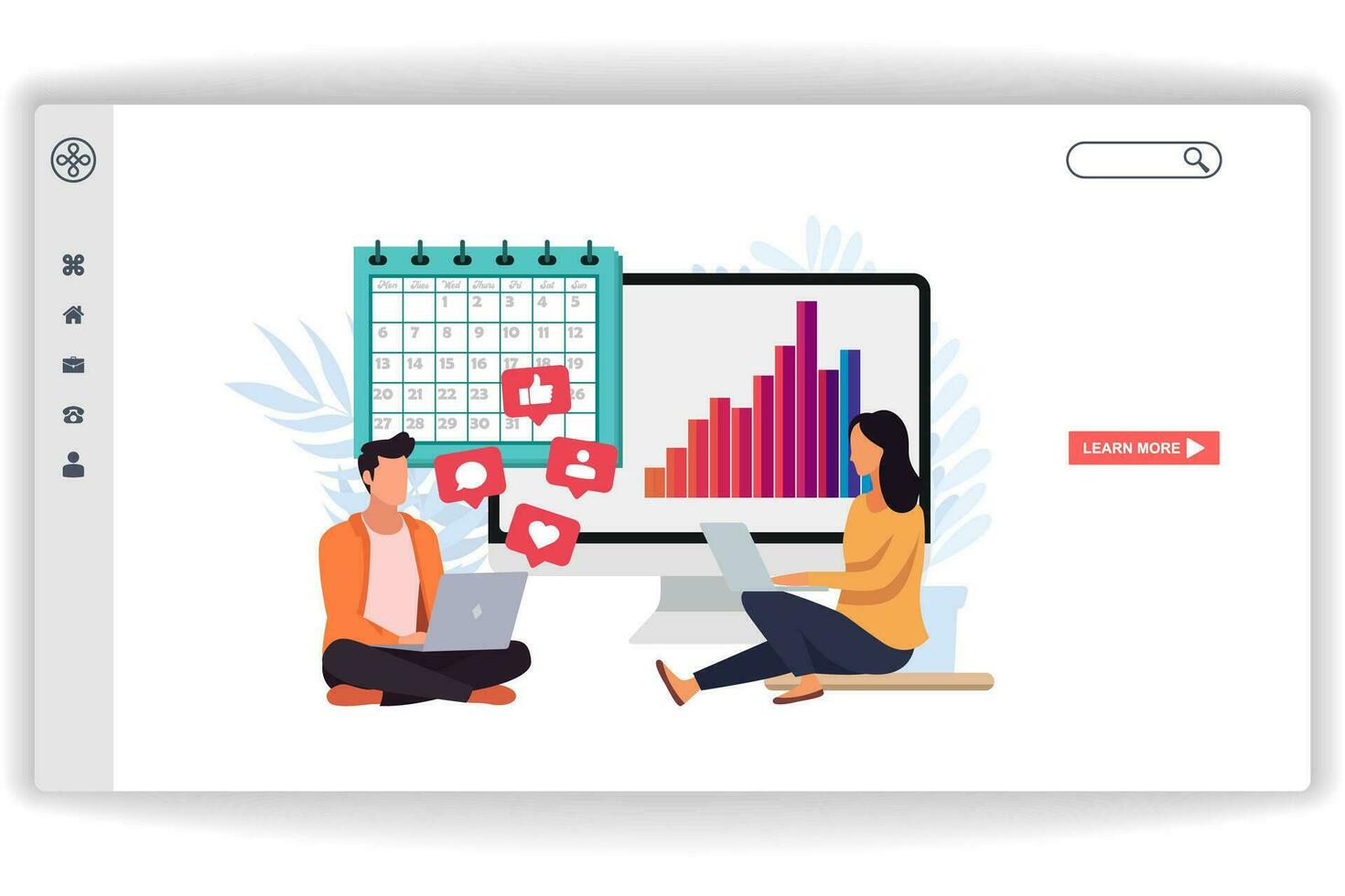 A man and a woman sat looking at the laptop. website page Social Marketing. Modern flat design concept of web page design for website and mobile website vector