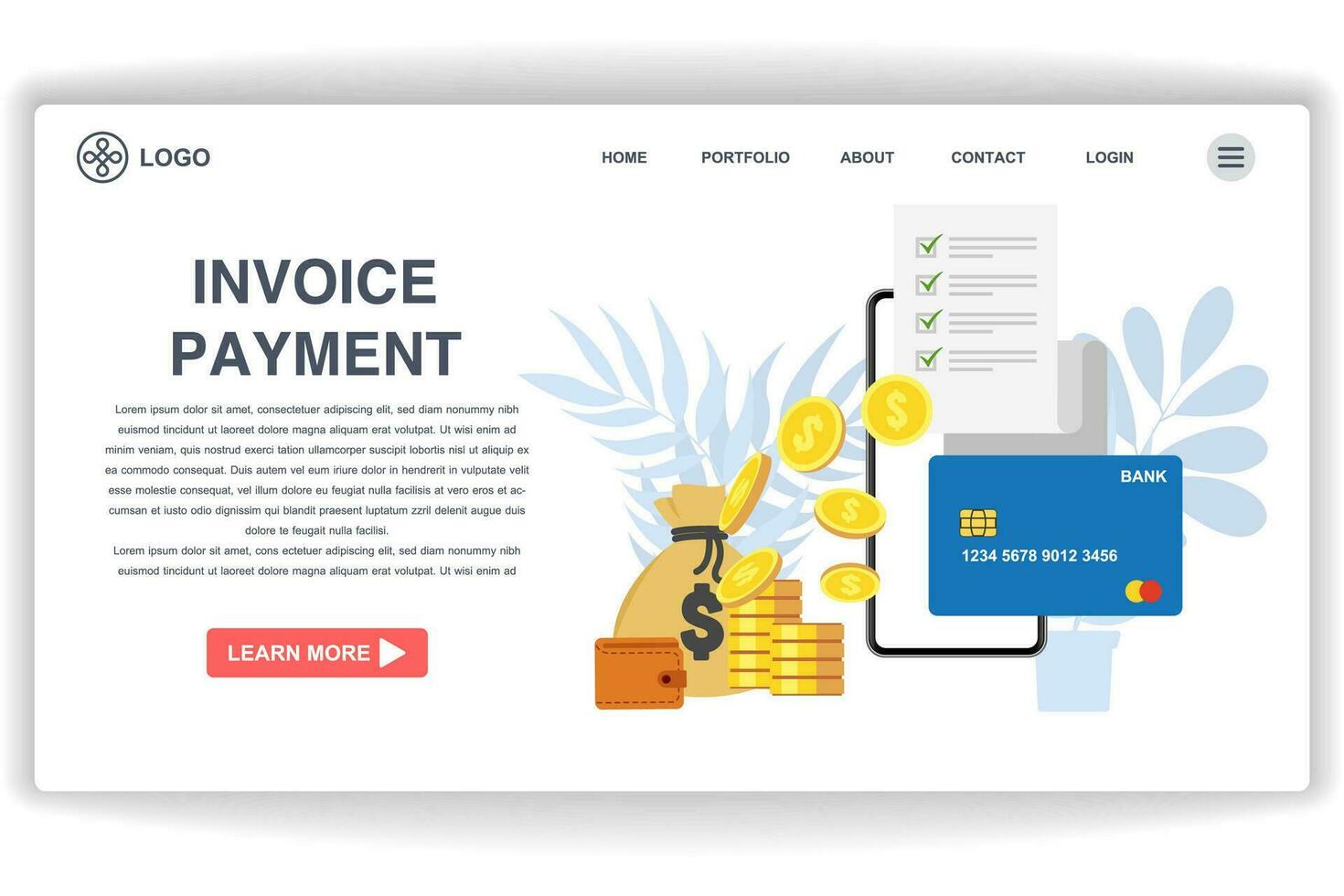 wallet and several stacks of coins . website page Invoice Payment. Modern flat design concept of web page design for website and mobile website vector