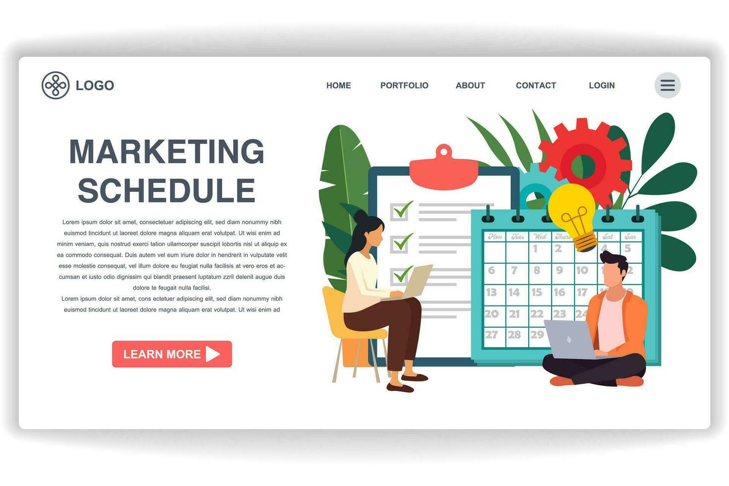 Men and women sitting looking at laptops. website page Marketing Schedule. Modern flat design concept of web page design for website and mobile website vector