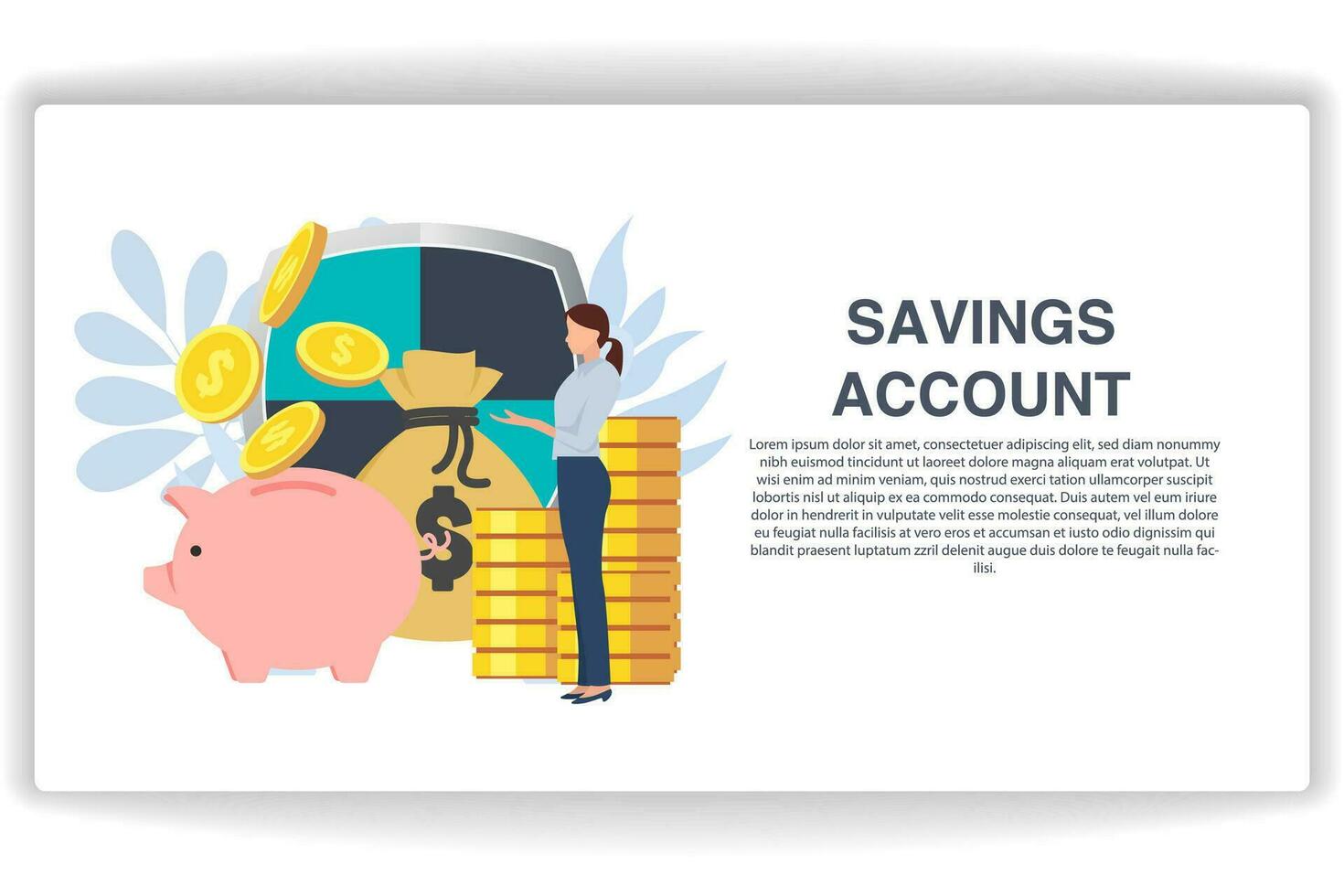 A woman stood throwing a coin into the piggy bank. website page Saving Account. Modern flat design concept of web page design for website and mobile website vector