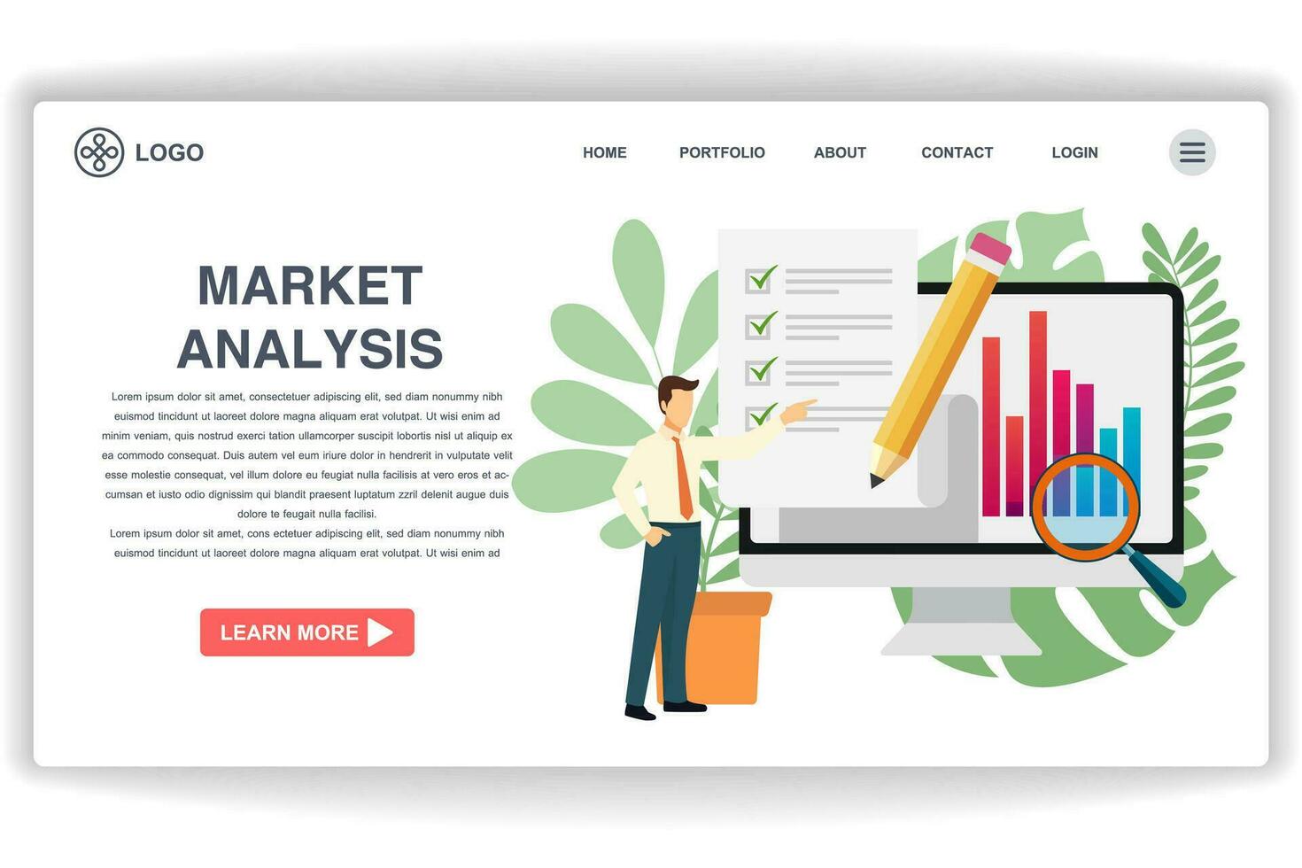 A man stood pointing at the document. website page Market Analysis. Modern flat design concept of web page design for website and mobile website vector