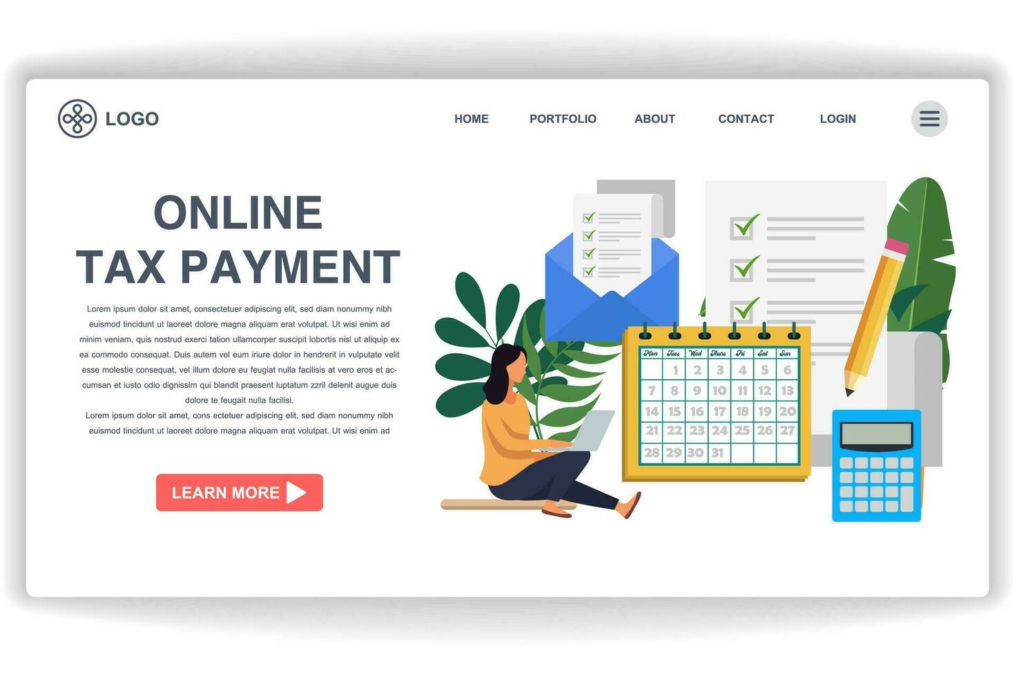 A woman sits looking at a laptop. website page Online Tax Payment. Modern flat design concept of web page design for website and mobile website vector