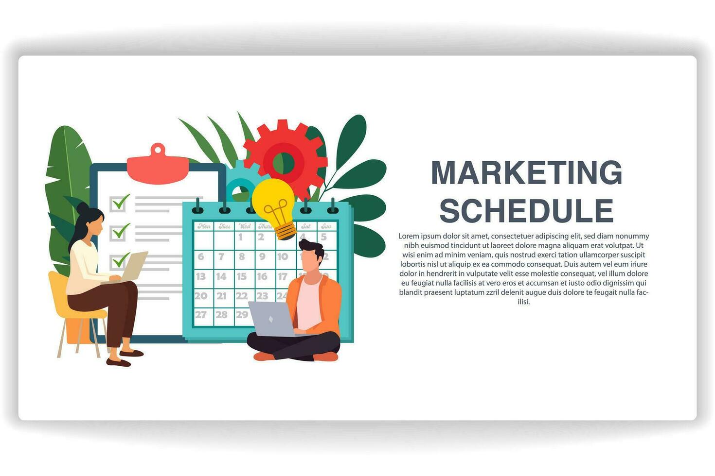 Men and women sitting looking at laptops. website page Marketing Schedule. Modern flat design concept of web page design for website and mobile website vector
