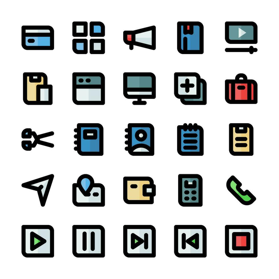 esencial ui iconos, en de colores contorno estilo, para ninguna propósitos, incluso negocio, aplicaciones, web, música, multimedia, y otros. vector