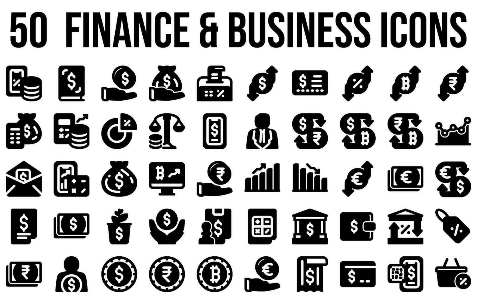 Finance business icons, in glyph style, for any uses including banking, business, finance, saving, investment, wealth, and money. vector