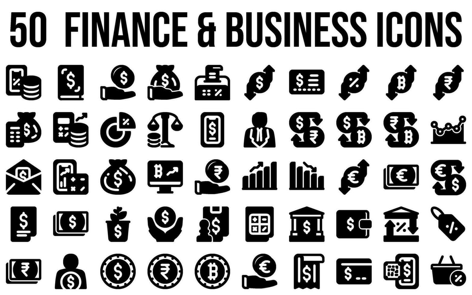 Finance business icons, in glyph style, for any uses including banking, business, finance, saving, investment, wealth, and money. vector