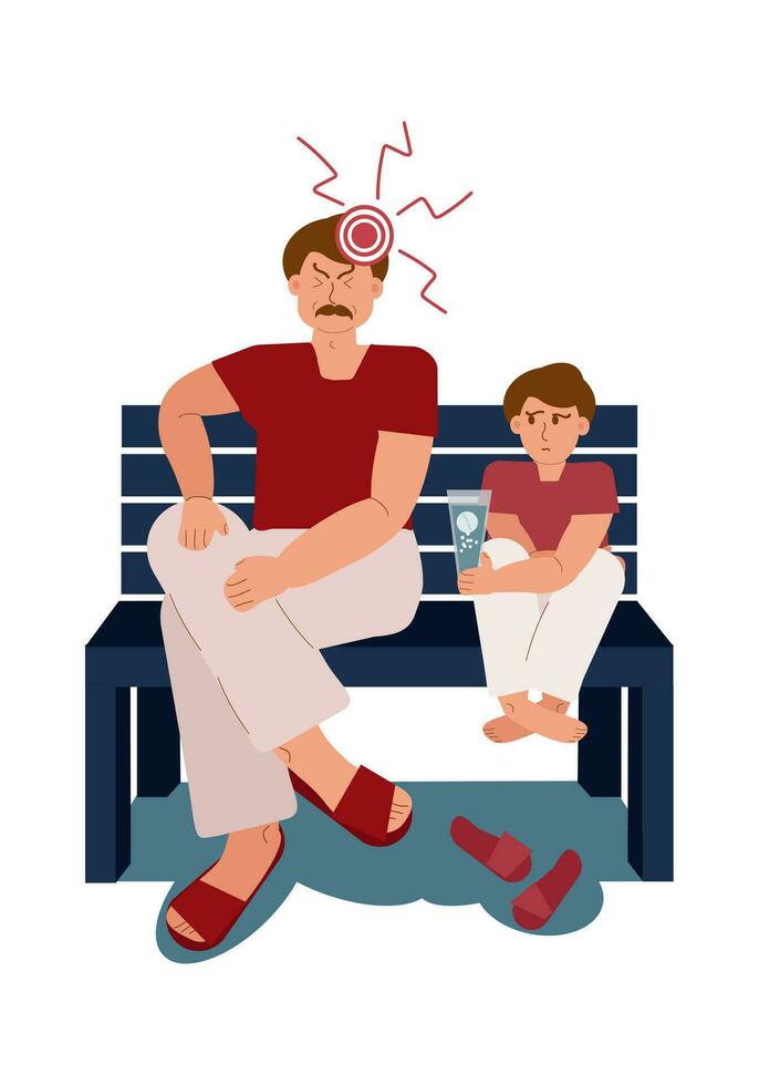 The father suffers from a headache. Sad son offers dad water with painkillers. Caring for loved ones. Vector illustration