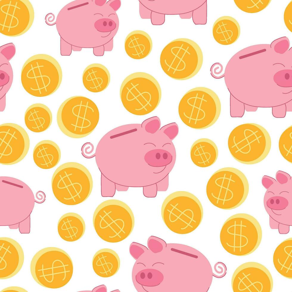 Seamless pattern piggy bank for money funny pig with gold coins with dollar sign. Vector illustration