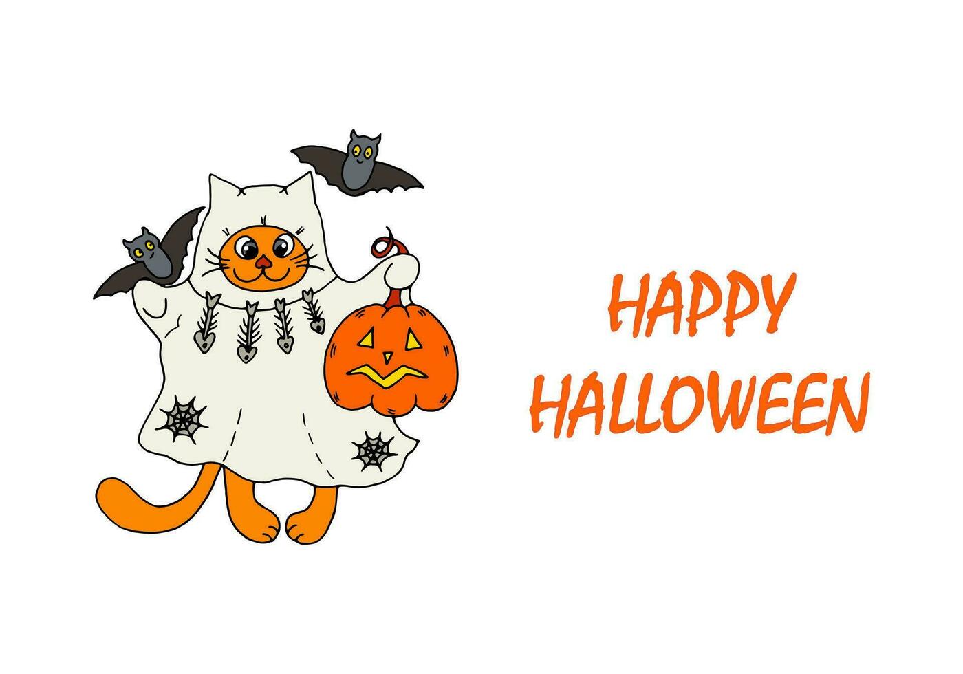 Cute ginger cartoon cat in a ghost costume with a pumpkin lantern and flying bats. Vector illustration greeting card or invitation for party Halloween