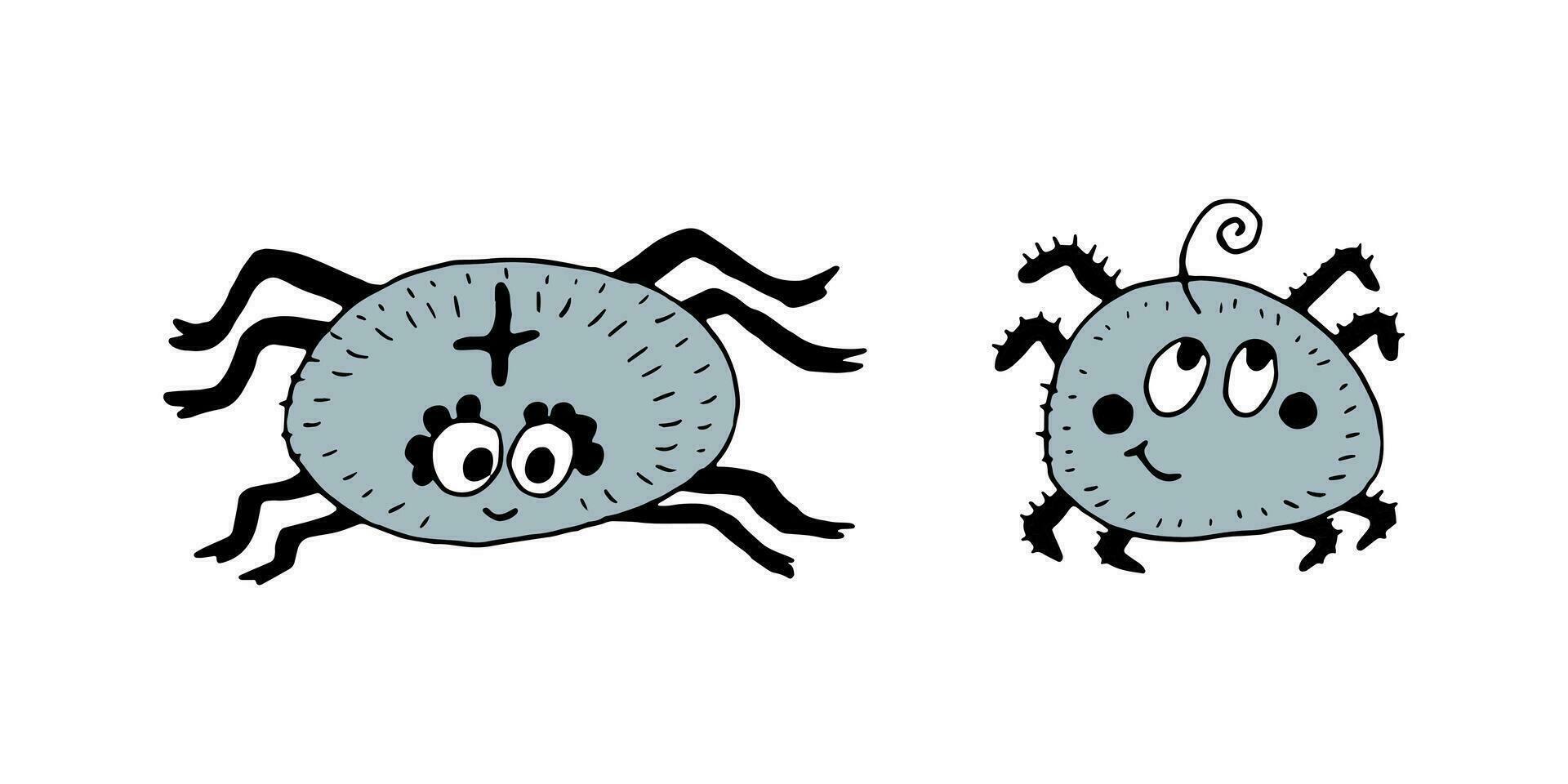 Two funny cute cartoon spiders. Design elements for cards, flyers, web for Halloween vector