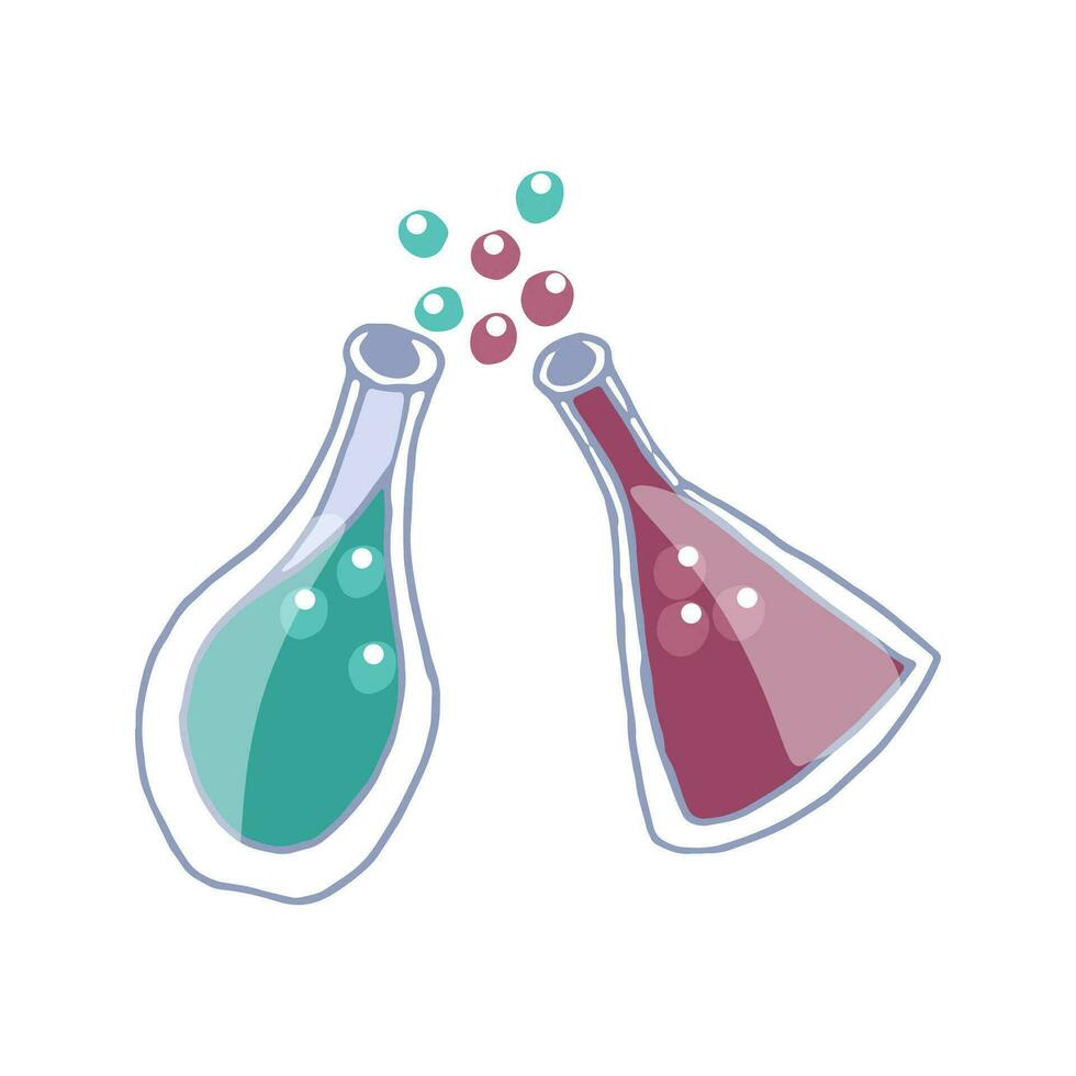 Cartoon laboratory glass flasks with colored chemical. Elixir, magic potion. Vector doodle illustration
