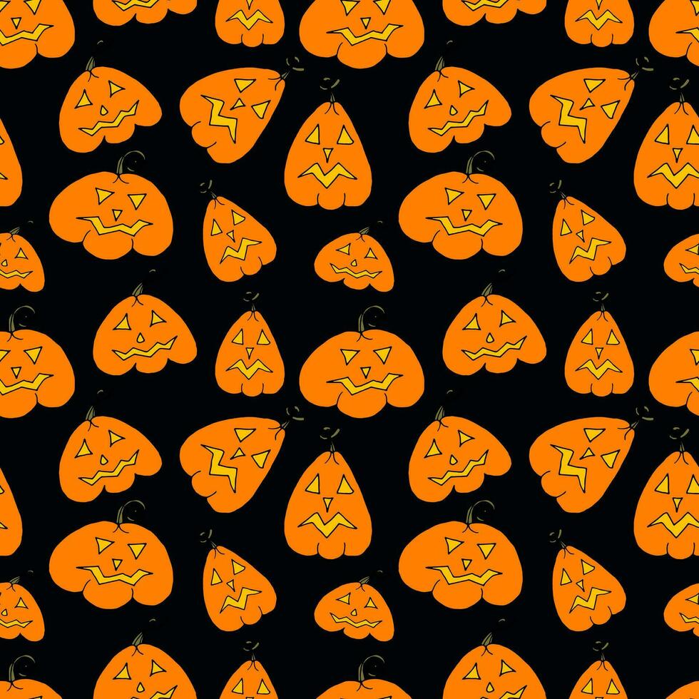 Seamless pattern doodle cartoon pumpkin lanterns with glowing eyes and mouths for Halloween on black background. Vector illustration for for packaging, textiles, wallpapers, web design