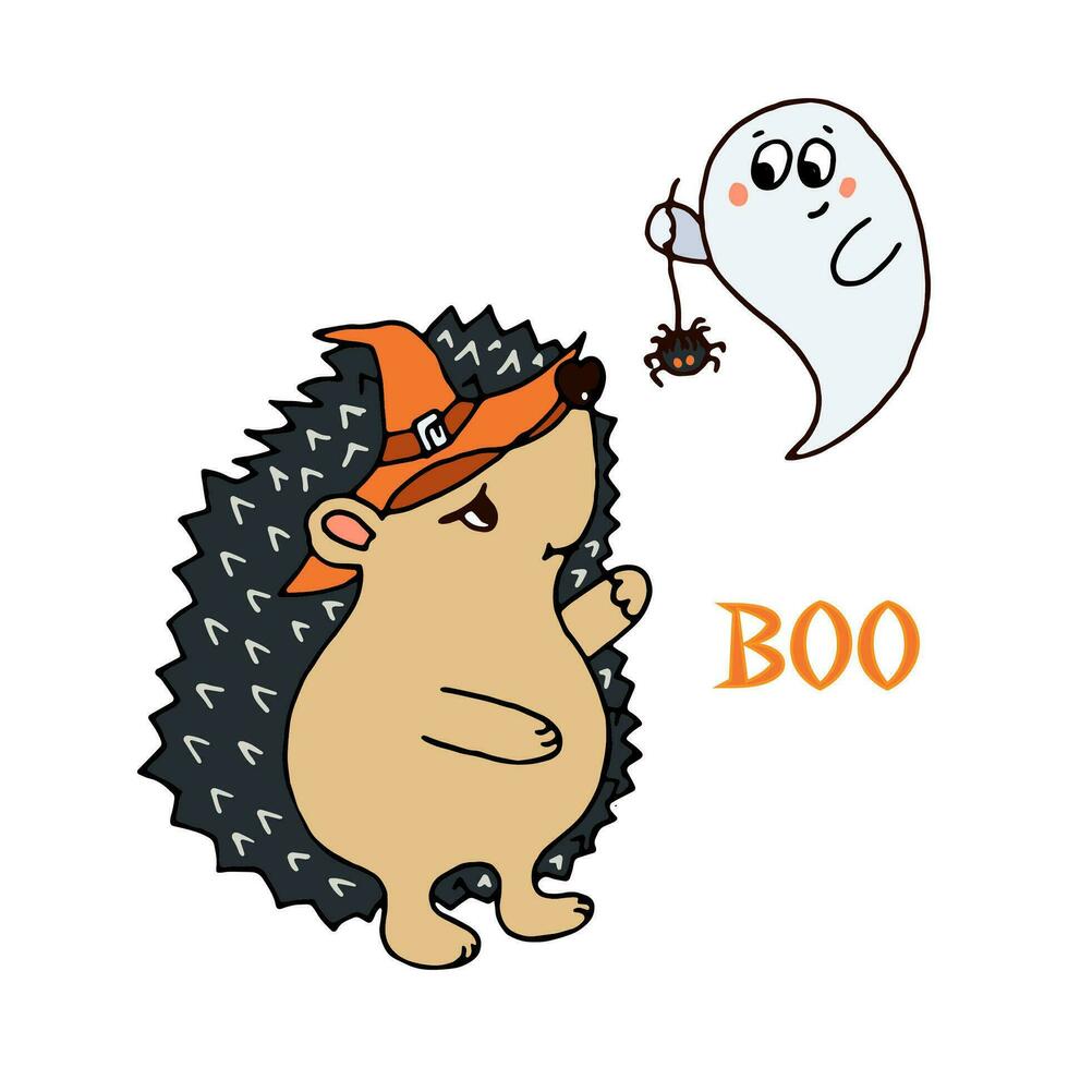 Funny cartoon characters hedgehog and ghost with spider. Vector halloween doodle illustration for cards, flyers, invitations, banners, web design