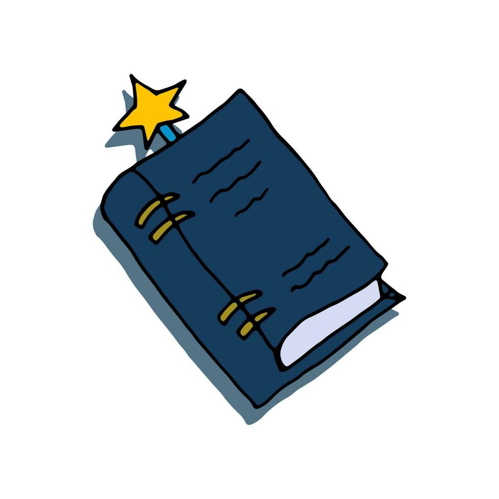 Cartoon magic spell book with a bookmark with a star. Fairytale book of secret knowledge. Vector doodle illustration