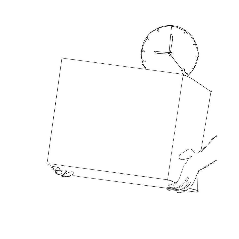 continuous line drawing person holding package box with time sign illustration vector