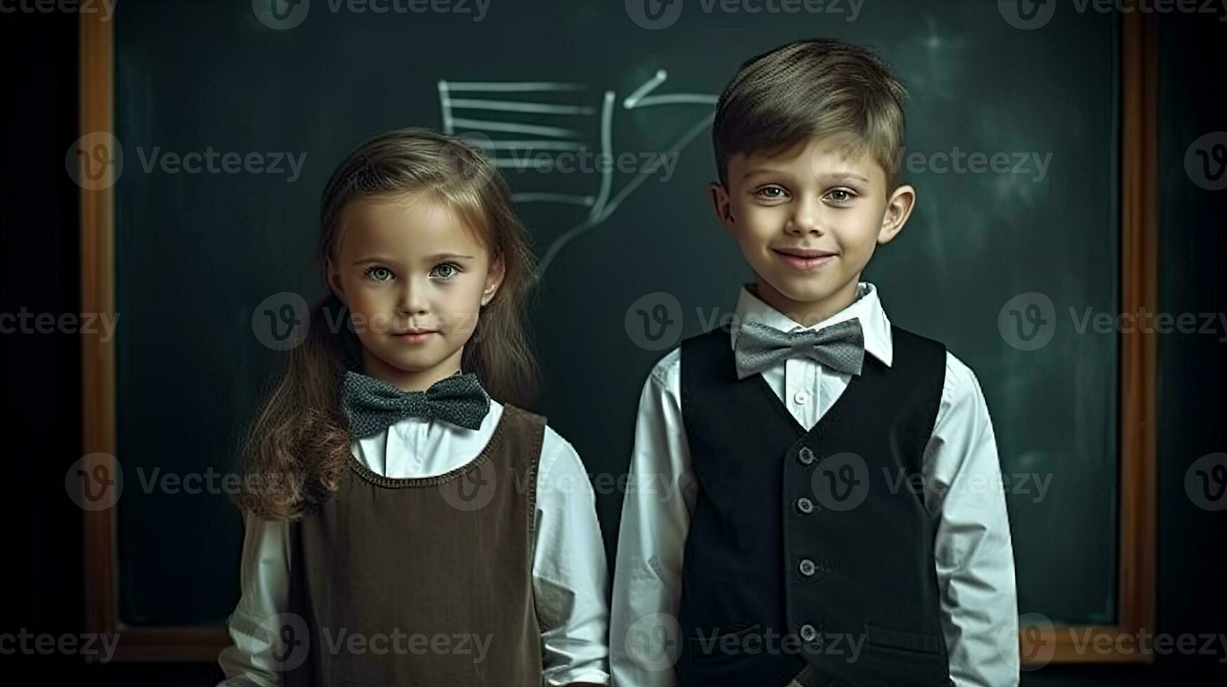 School pupil, boy and girl standing in front of black board. School children couple. Generated AI. photo