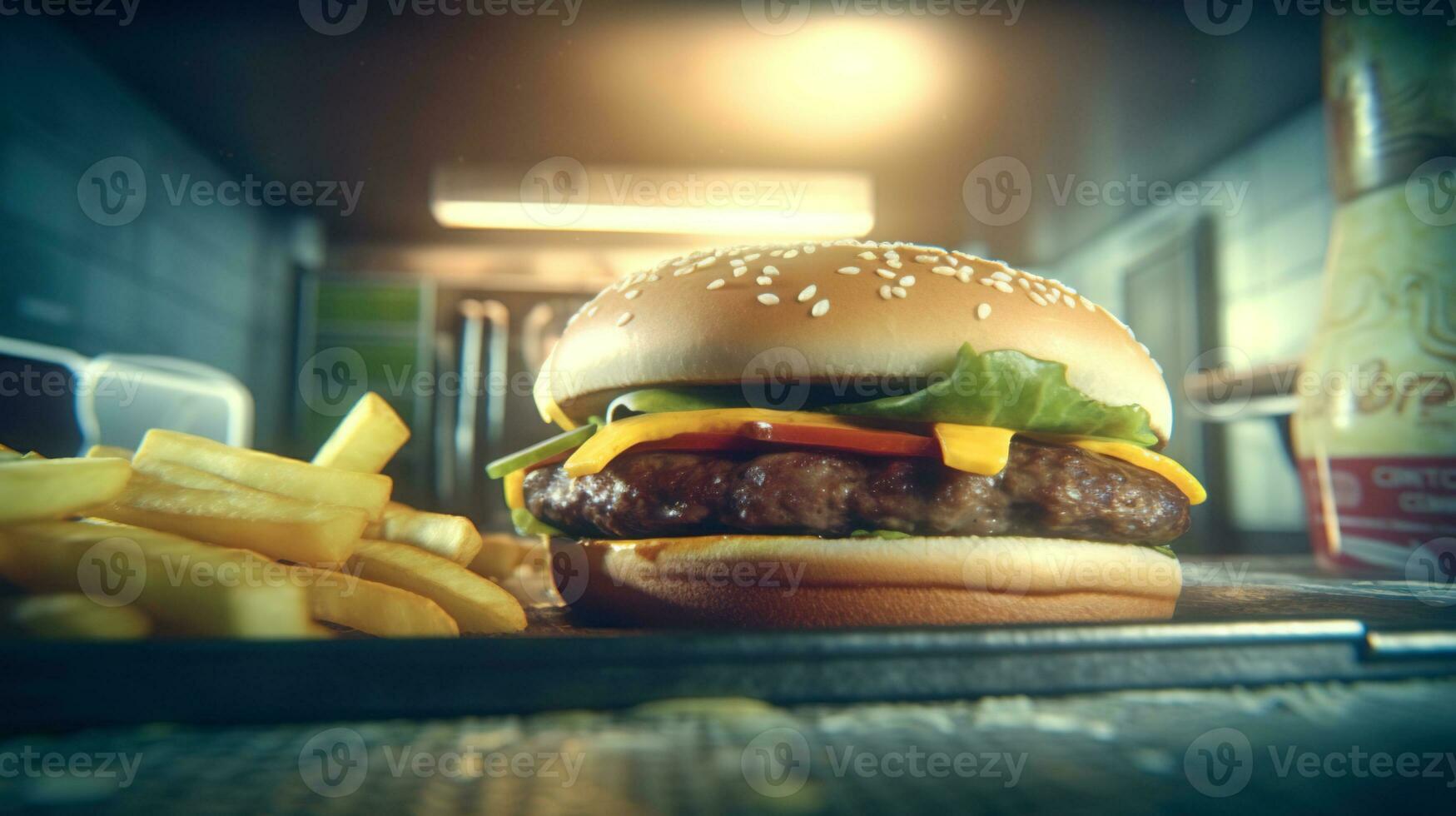 Juicy tasty hamburger on the table. Fast food image of a burger with grilled meat. Generated AI. photo