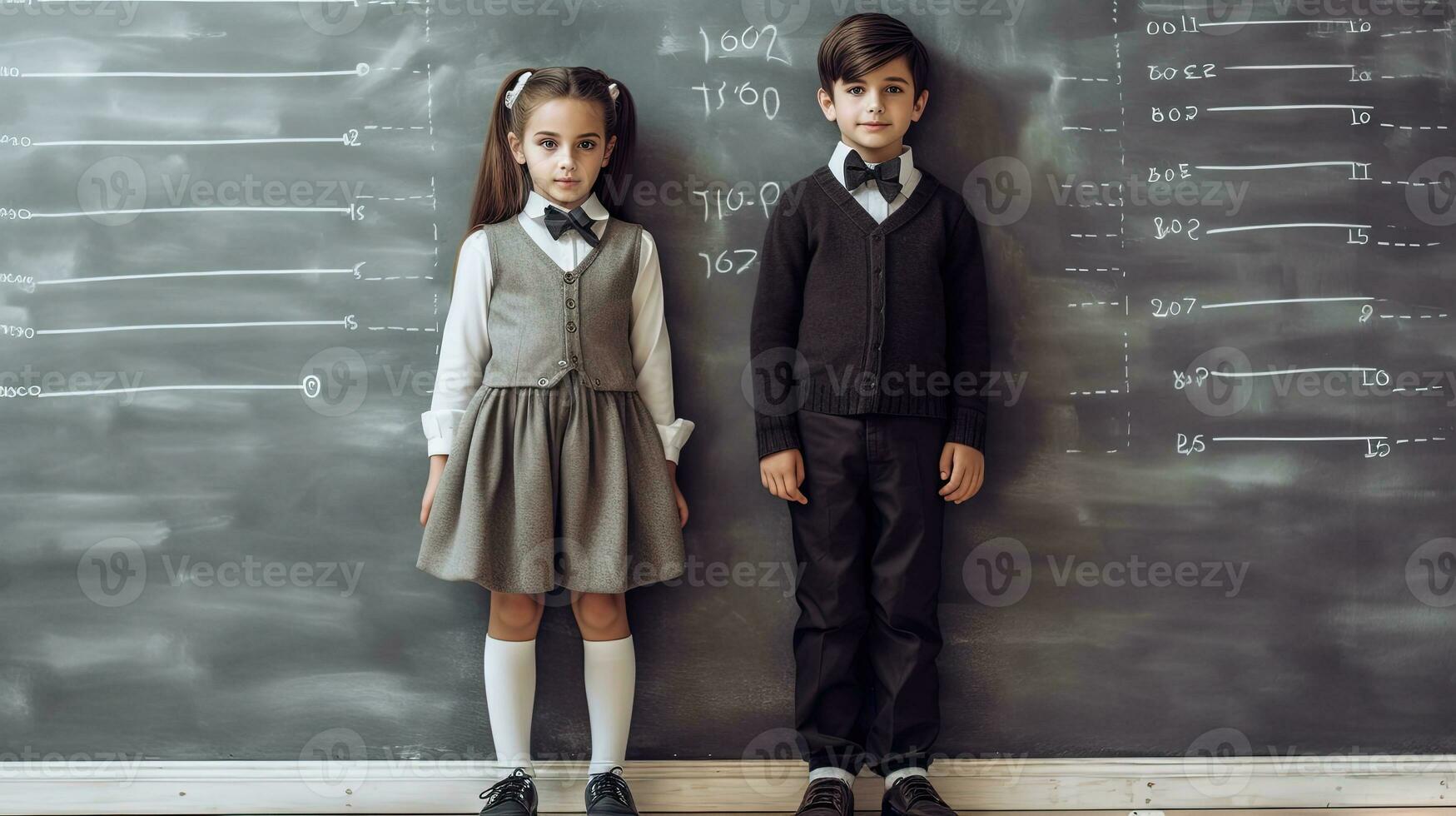 School pupil, boy and girl standing in front of black board. School children couple. Generated AI. photo