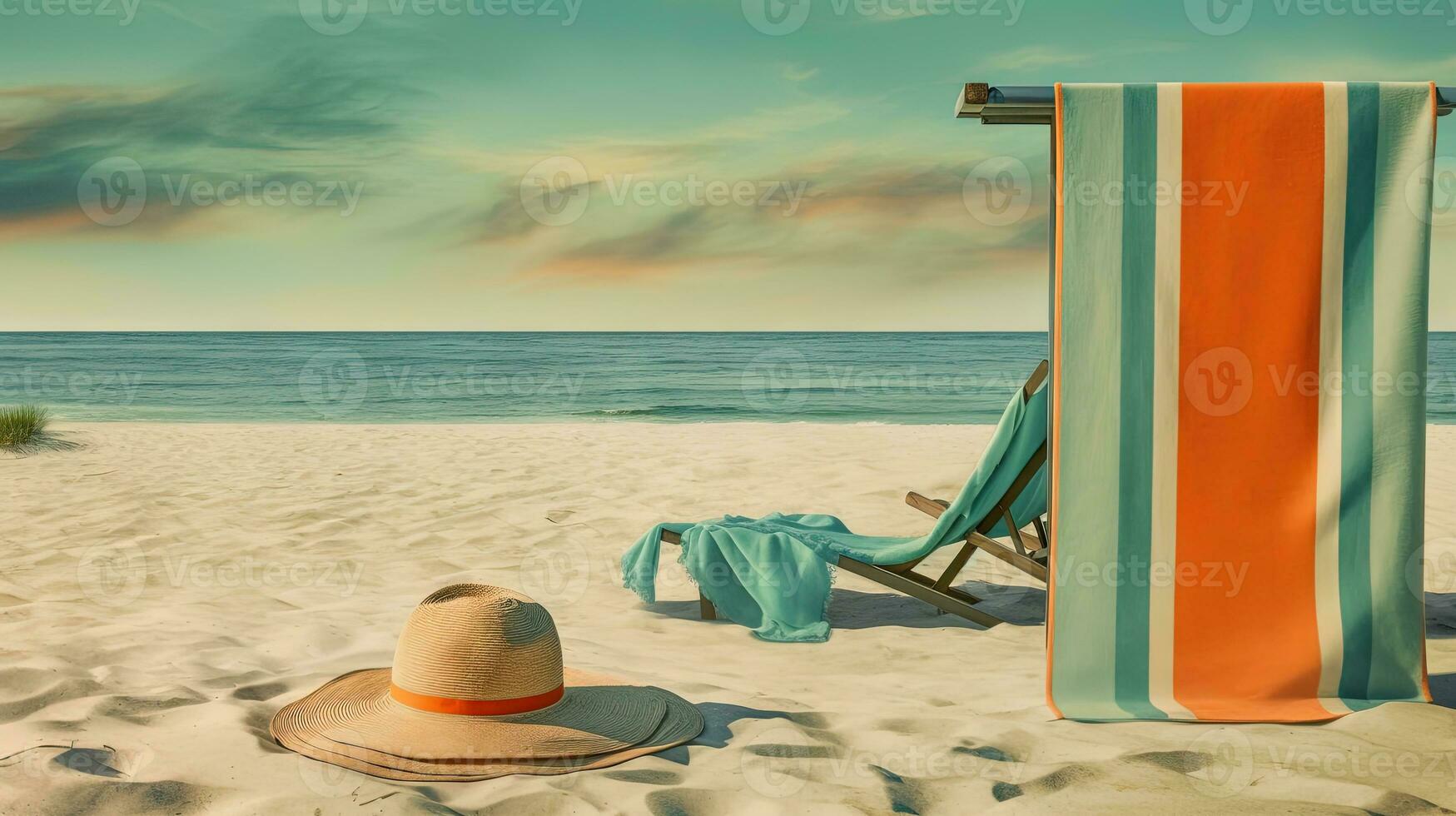 Hat and towel on the sand of the beach. Vacation scene with straw hat on the shore line. Generative AI. photo