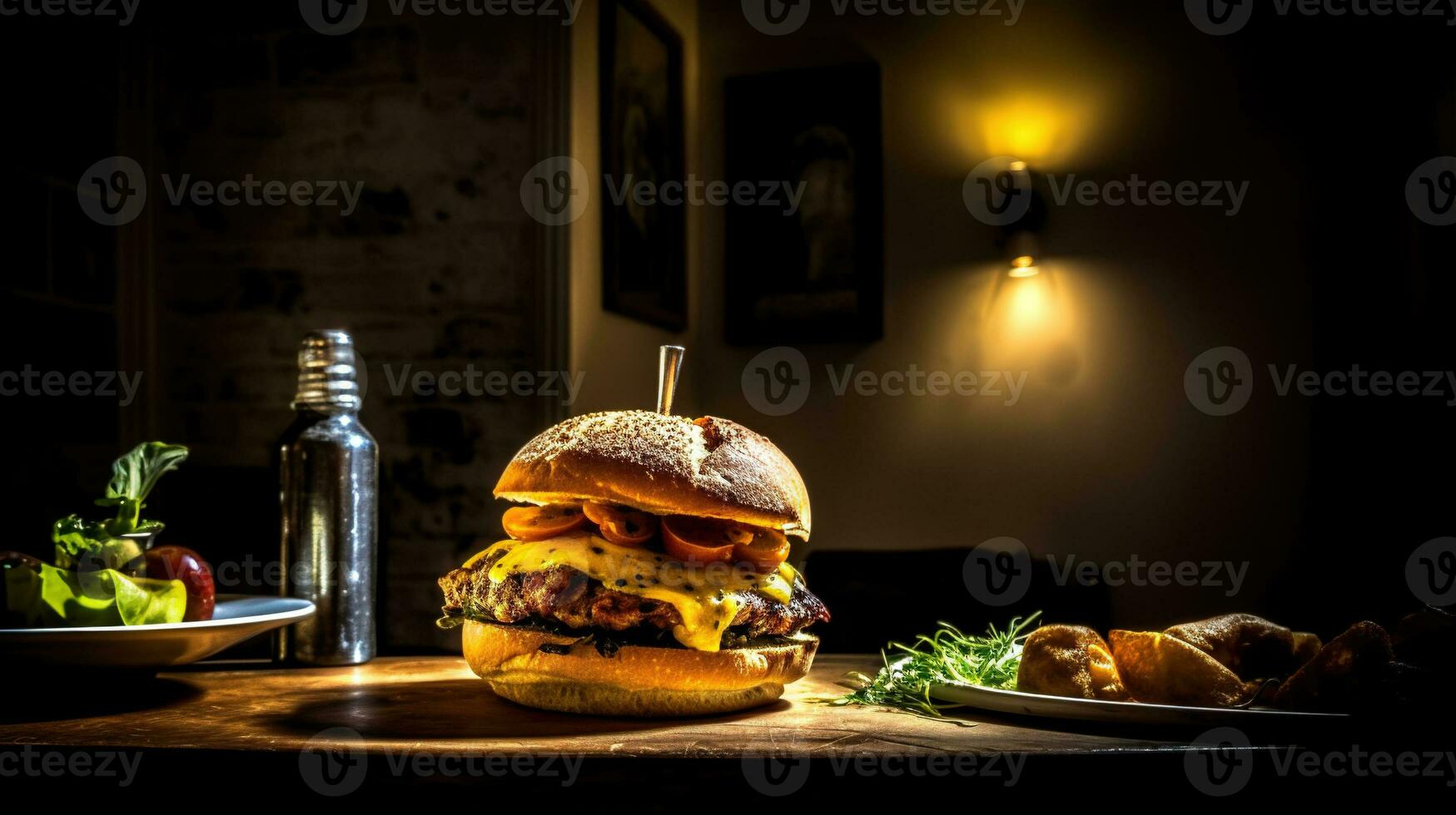 Juicy tasty hamburger on the table. Fast food image of a burger with grilled meat. Generated AI. photo