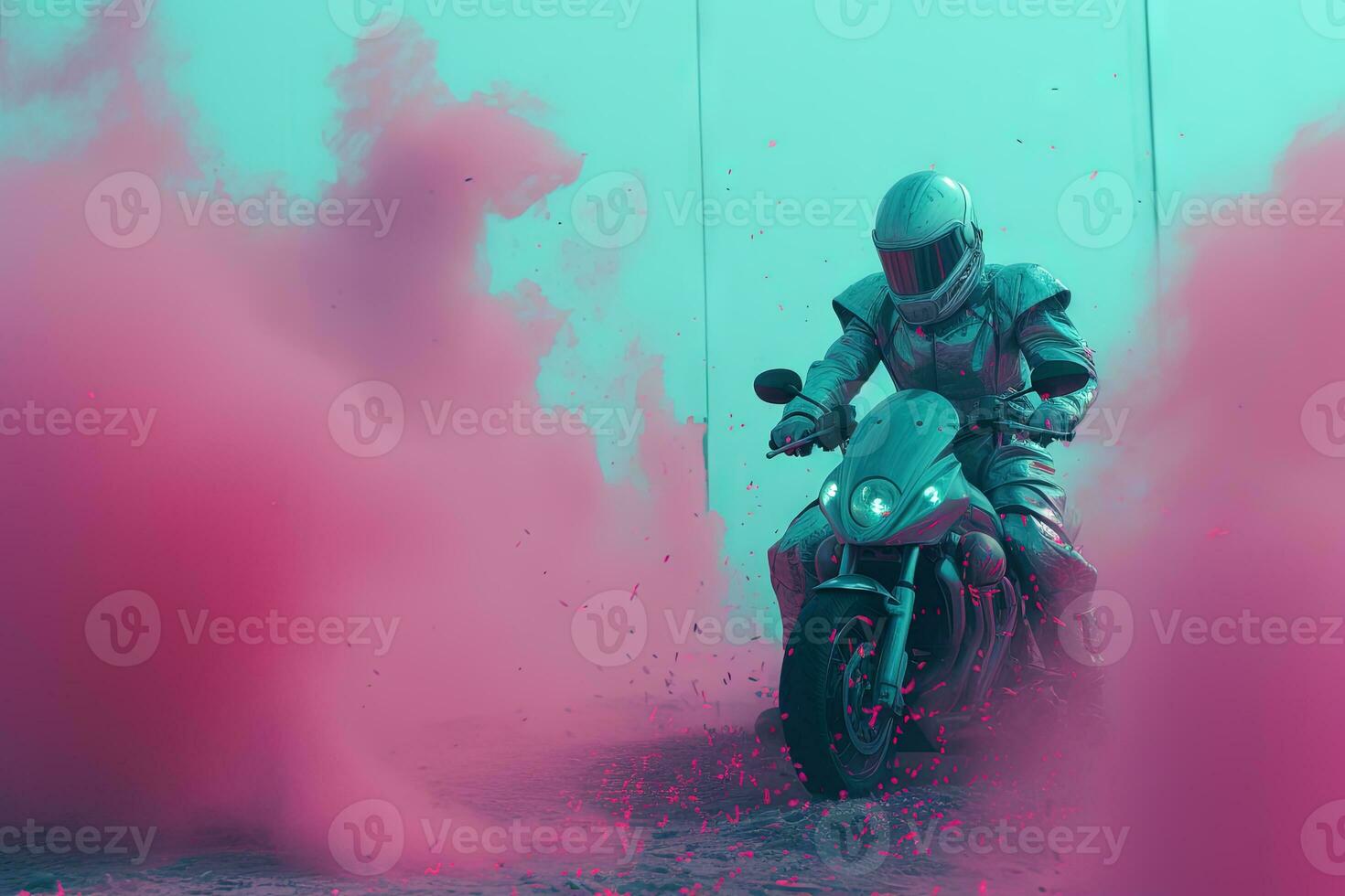 Futuristic post-apocalypse action scene with hero in sci-fi style. Vaporwave surreal shot with pink and blue smoke. Generated AI. photo