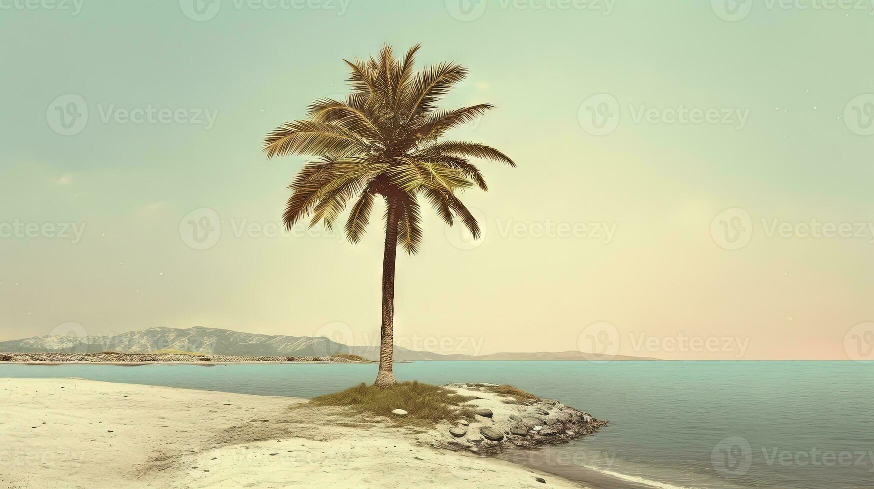 Palm tree on the sand of the beach. Vacation scene with palm on the shore line. Generative AI. photo