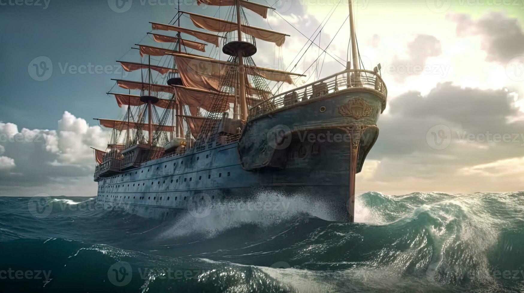 Ship in the stormy sea with huge waves. Giant stormy waves in the ocean and boat. Generated AI. photo