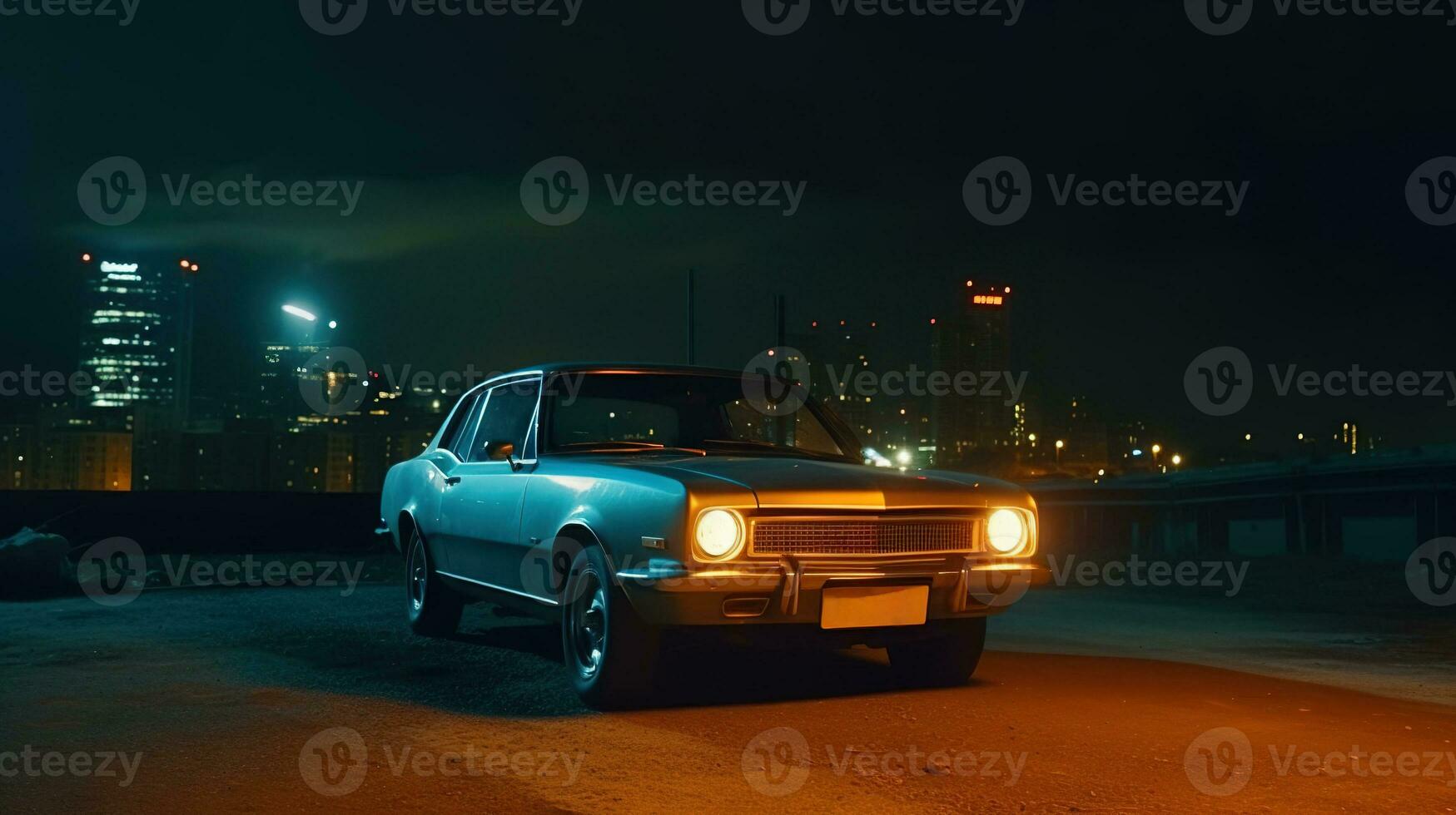 Vintage muscle car parked on the street at night. 80s styled synthwave retro scene with powerful drive in evening. Generated AI. photo