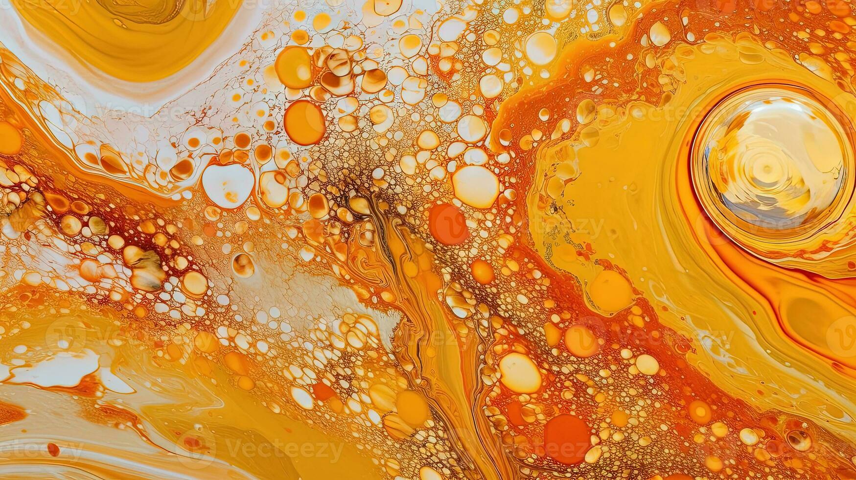 Abstract artistic background with orange marble and golden paint stains. Generated AI. photo