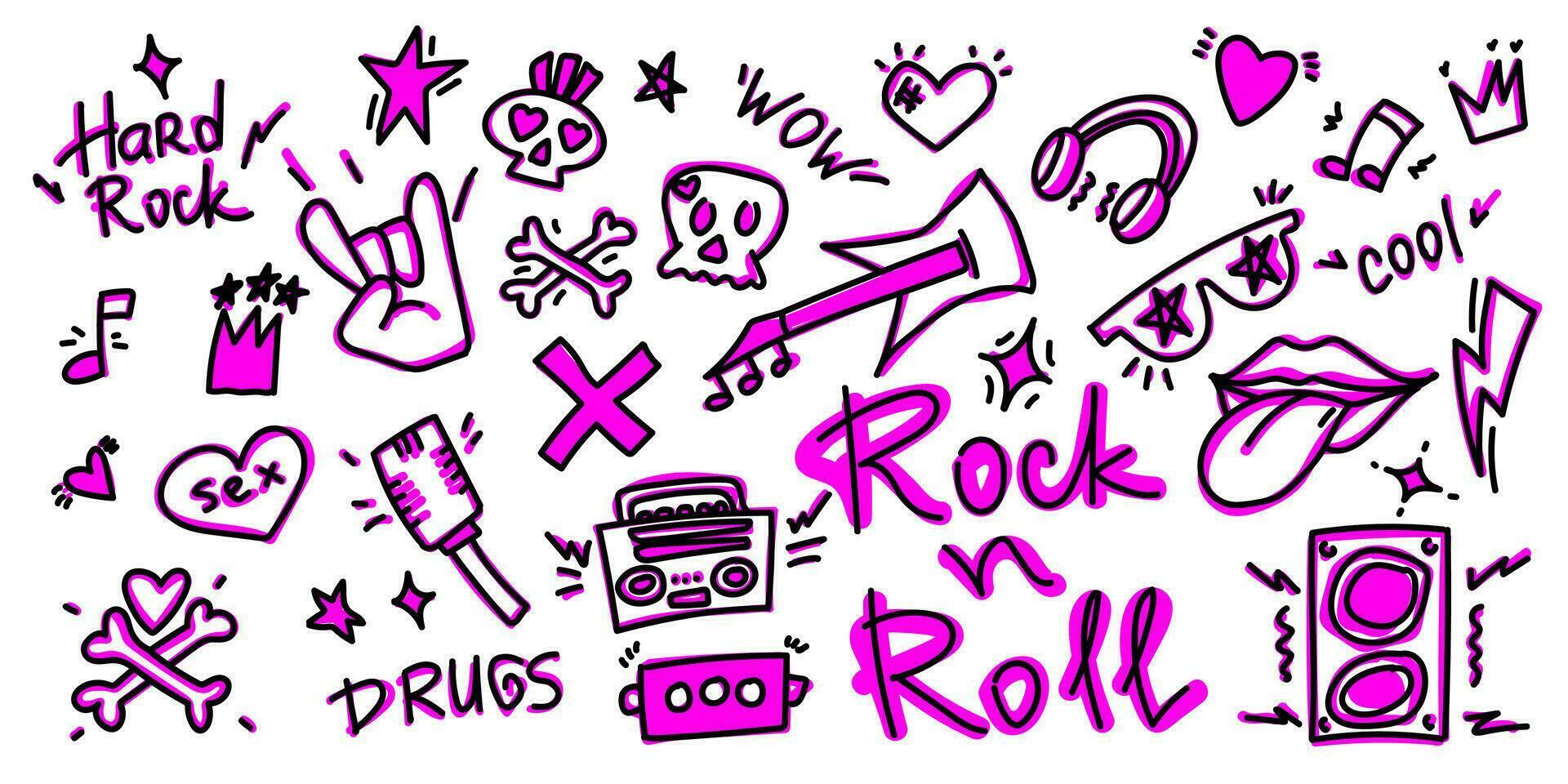 rock n roll, juego de garabatos de música punk. graffiti, pegatina dibujada a mano con tatuajes, texto, cráneo, corazón, patín, mano gestual. Ilustración de vector de roca grunge.