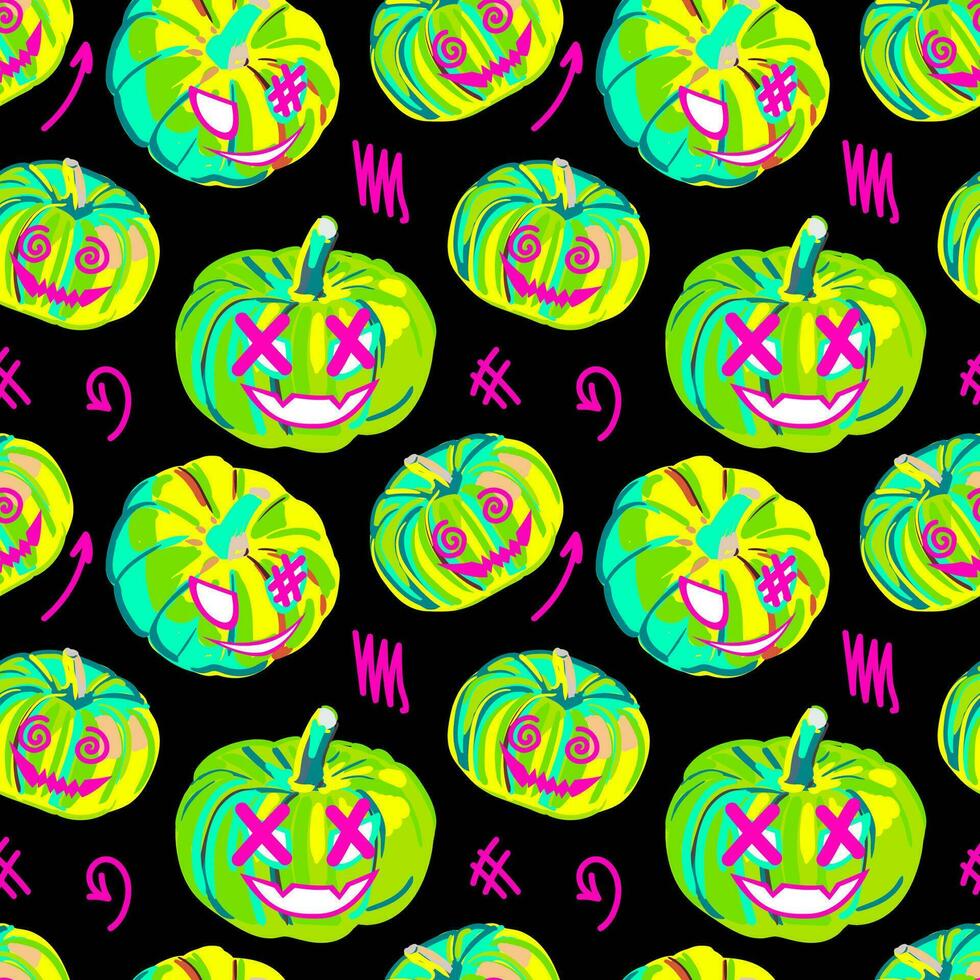 Halloween neon seamless pumpkin pattern. Ideal for creating seamless designs and illustrations for various projects like textiles, paper crafts, and more. Vector. vector