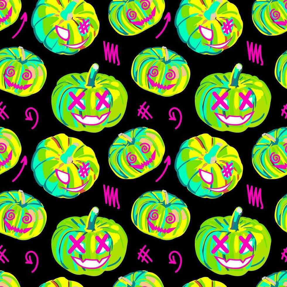 Halloween neon seamless pumpkin pattern. Ideal for creating seamless designs and illustrations for various projects like textiles, paper crafts, and more. Vector. vector