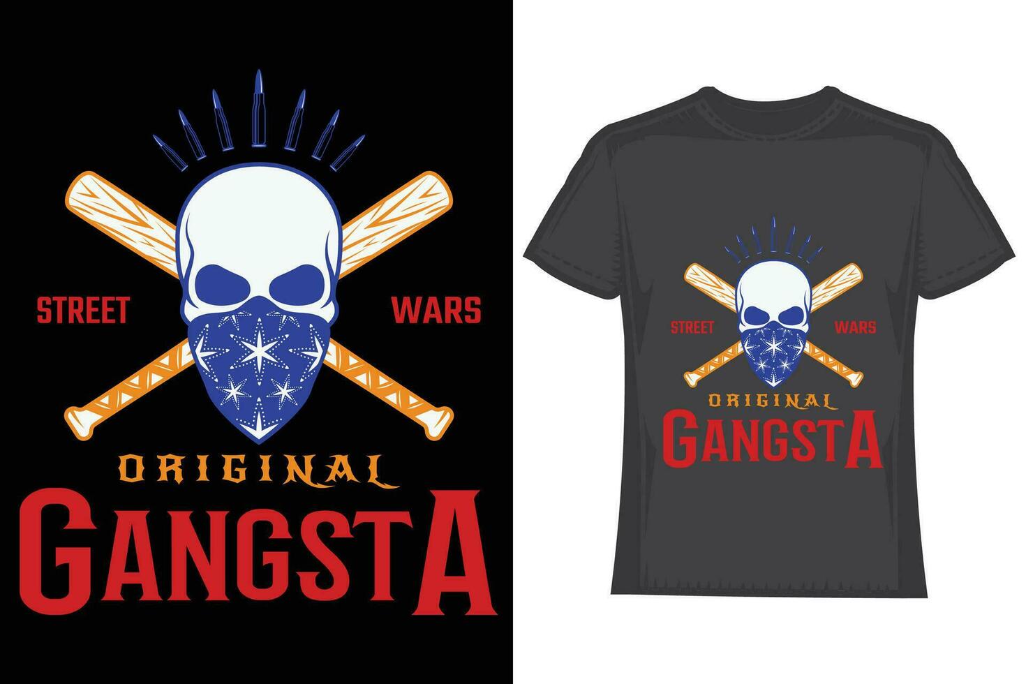 Gangster label badge emblem design elements. Gangsta style quotes. Thug life. Stay true. Street wars. Crossed weapon, skull in hat vector