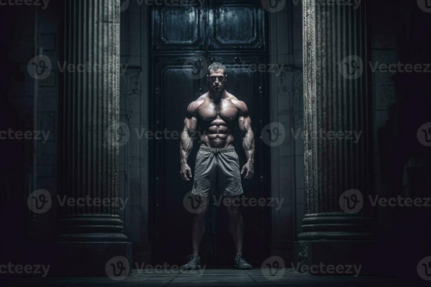 Extreme bodybuilder showing his muscles. Huge athlete demonstrating power. Generated AI. photo