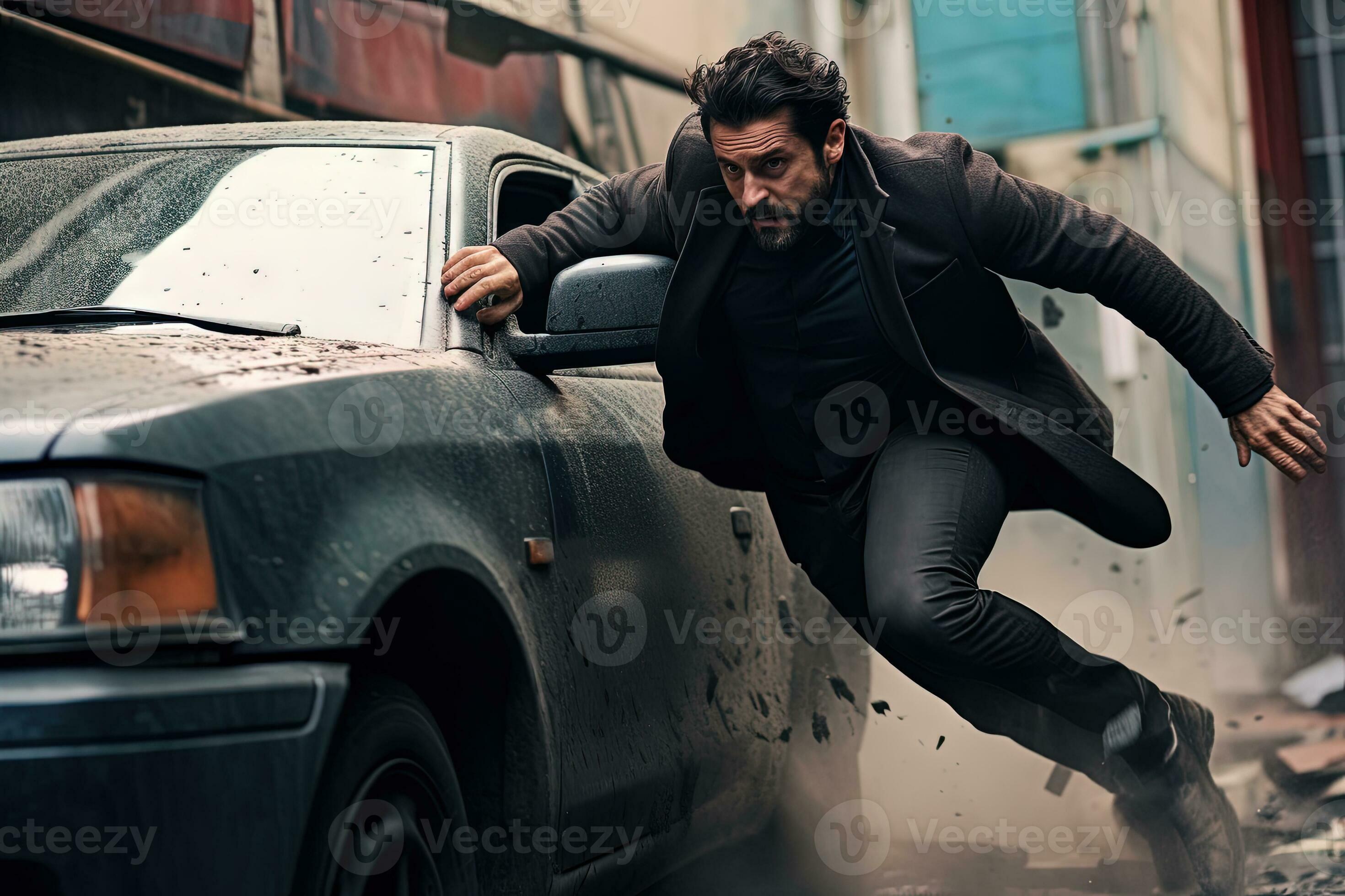 Action shot with man running away. Dynamic scene with car in action