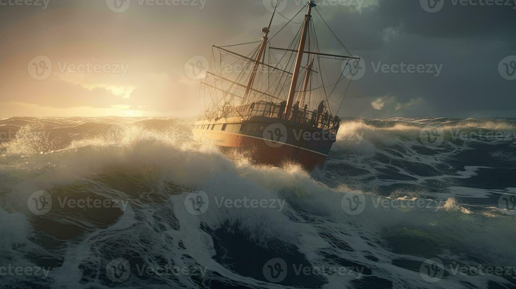 Ship in the stormy sea with huge waves. Giant stormy waves in the ocean and boat. Generated AI. photo