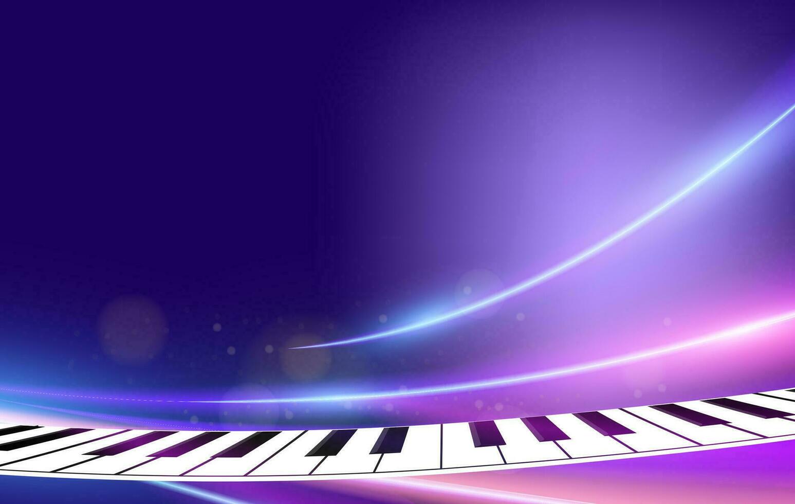 Curved piano keys atop purple beams and bokeh, used for cover art, music-related advertising posters. vector