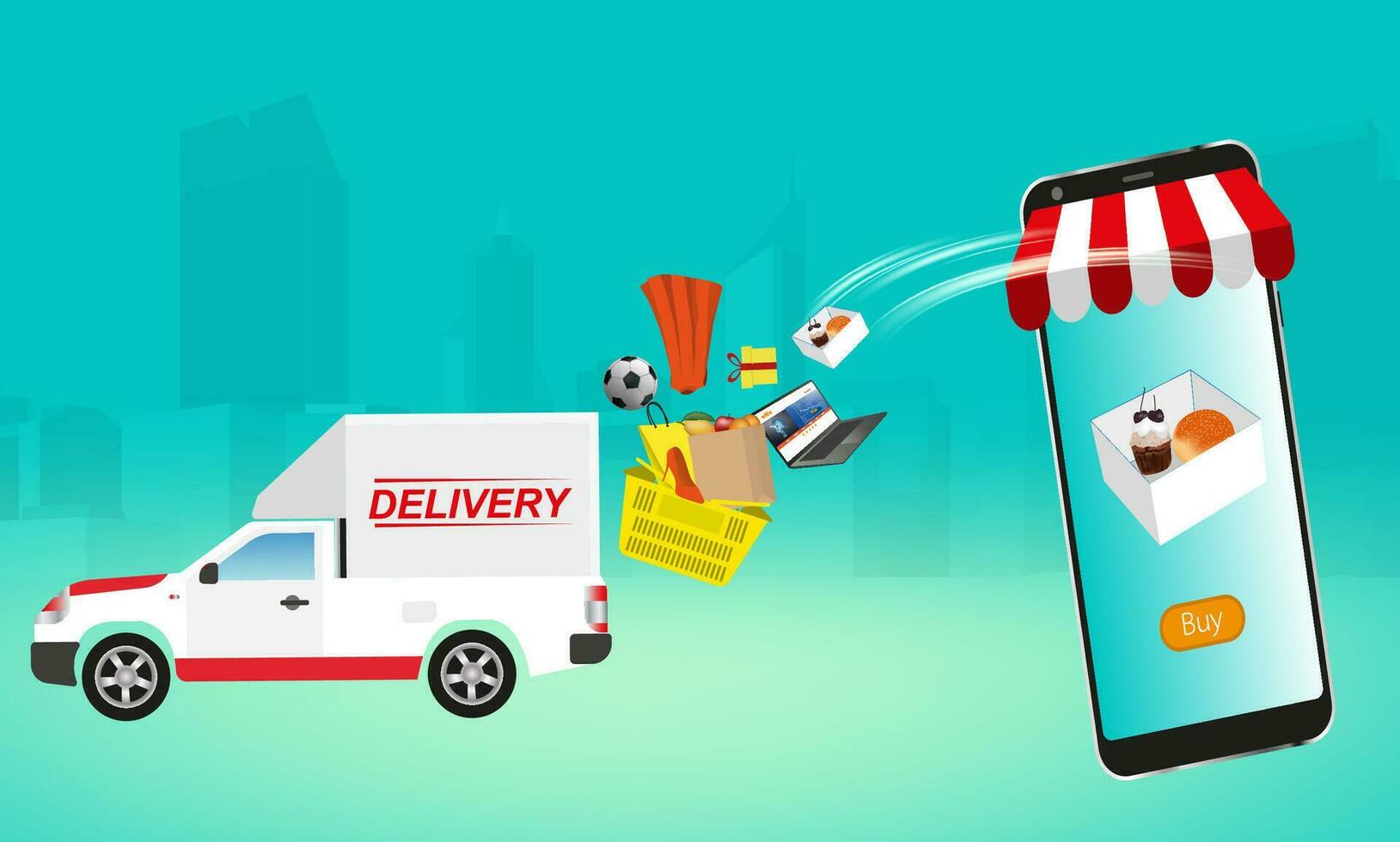 mobile shopping online ordering baskets and delivery vehicles in the city. Illustrations are used for making advertising materials about selling things through the Internet. vector