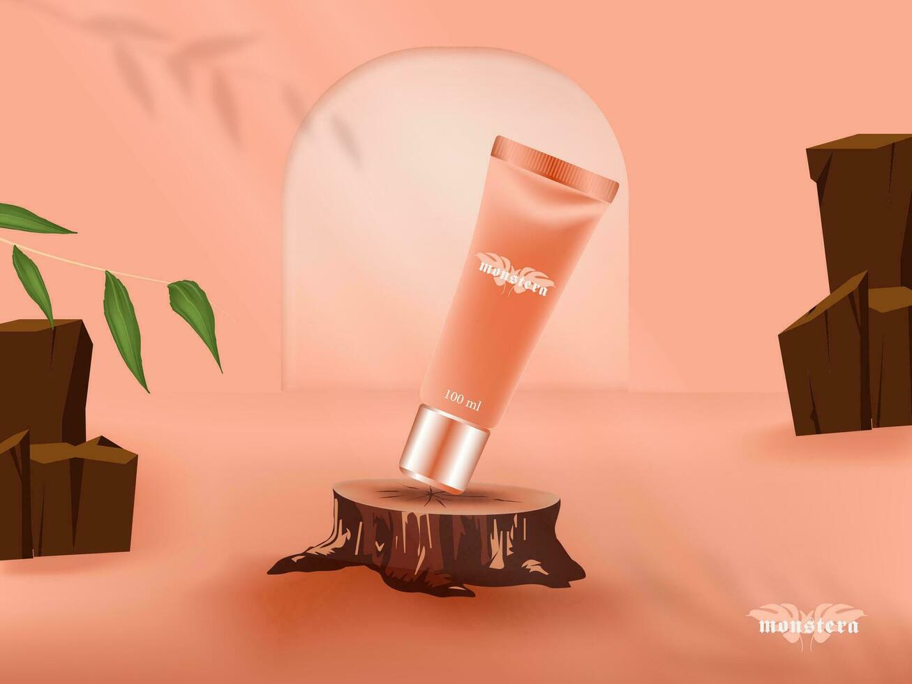 product advertisement mockup cosmetic monstera skin care cream vector